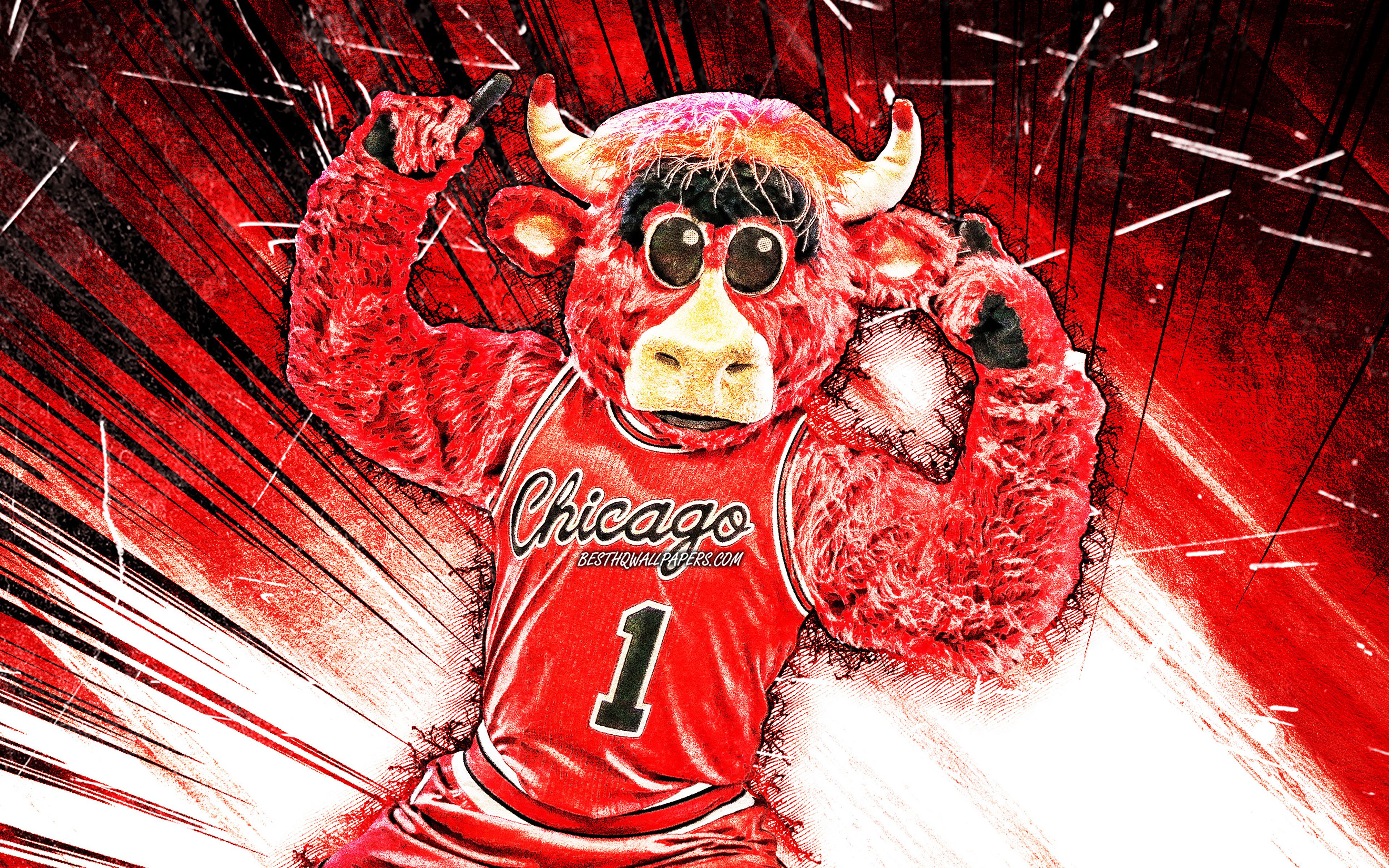 Download wallpaper 4k, Benny the Bull, grunge art, mascot, Chicago Bulls, red abstract rays, NBA, creative, USA, Chicago Bulls mascot, Benny, NBA mascots, official mascot, Benny mascot for desktop with resolution 3840x2400