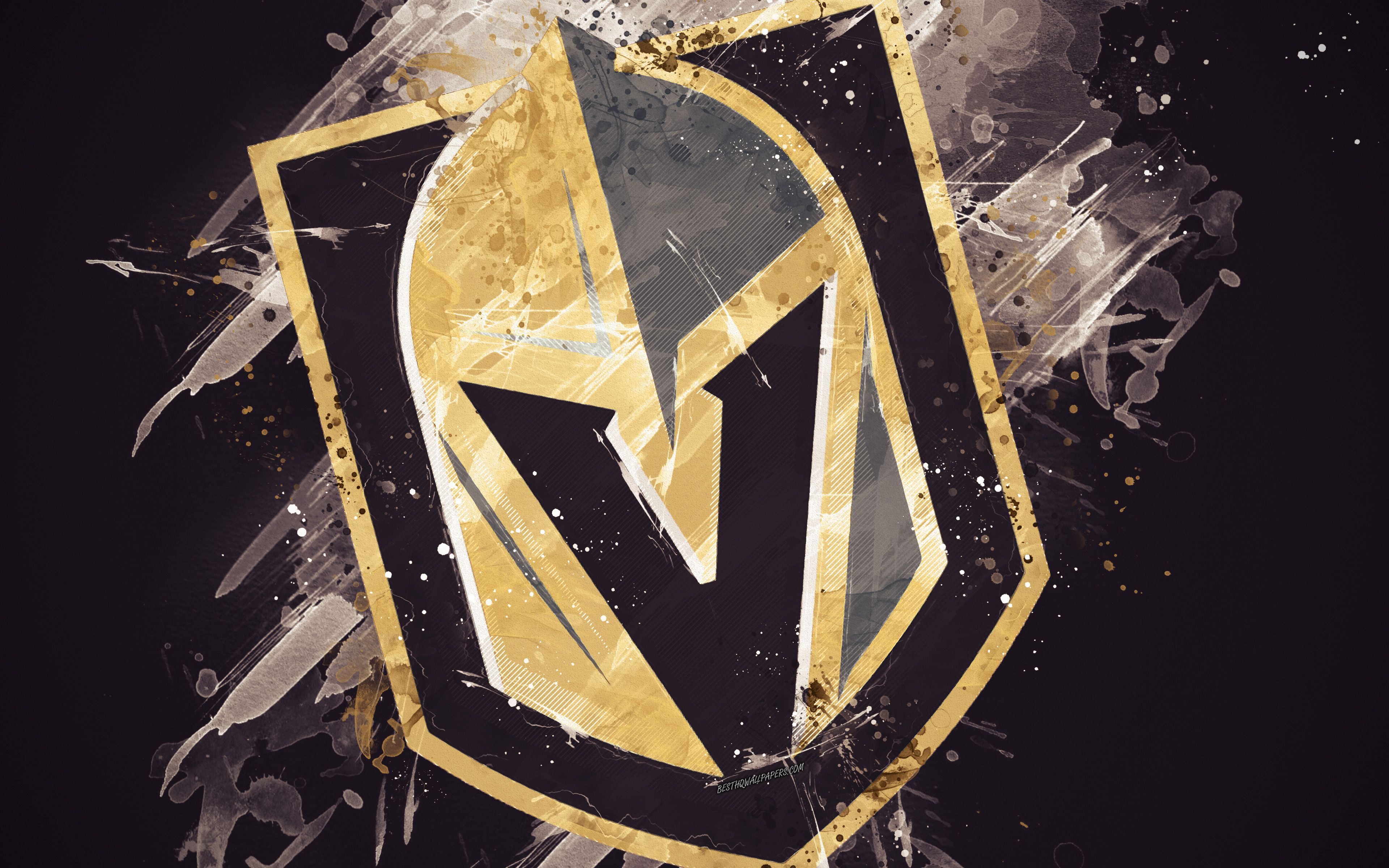 Download wallpaper Vegas Golden Knights, 4k, grunge art, American hockey club, logo, gray background, creative art, emblem, NHL, Las Vegas, Nevada, USA, hockey, Western Conference, National Hockey League, paint art for desktop