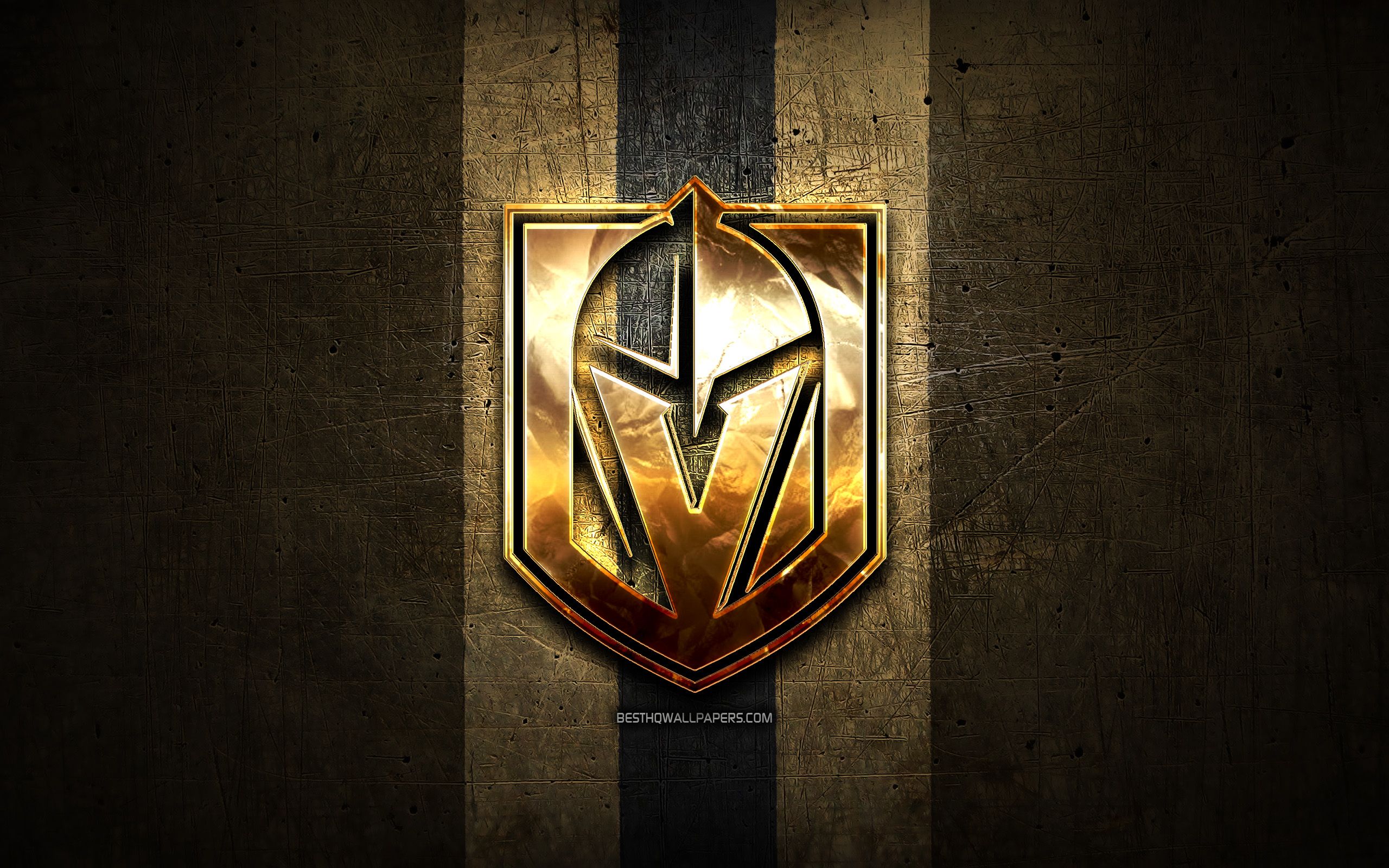Download wallpaper Vegas Golden Knights, golden logo, NHL, brown metal background, american hockey team, National Hockey League, Vegas Golden Knights logo, hockey, USA for desktop with resolution 2560x1600. High Quality HD picture