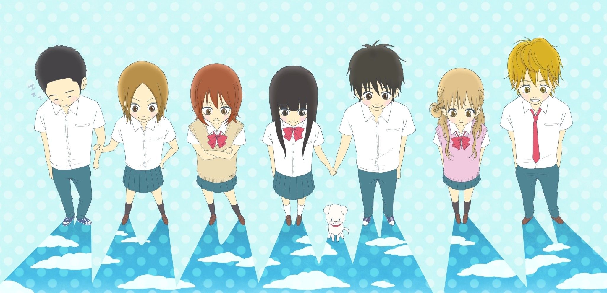 Wallpaper, illustration, anime, cartoon, Kento Miura, Kimi ni Todoke, Kuronuma Sawako, Kazehaya Shouta, Ume Kurumizawa, Ayane Yano, Chizuru Yoshida, Ryu Sanada, Kazuichi Arai, ART 2053x992