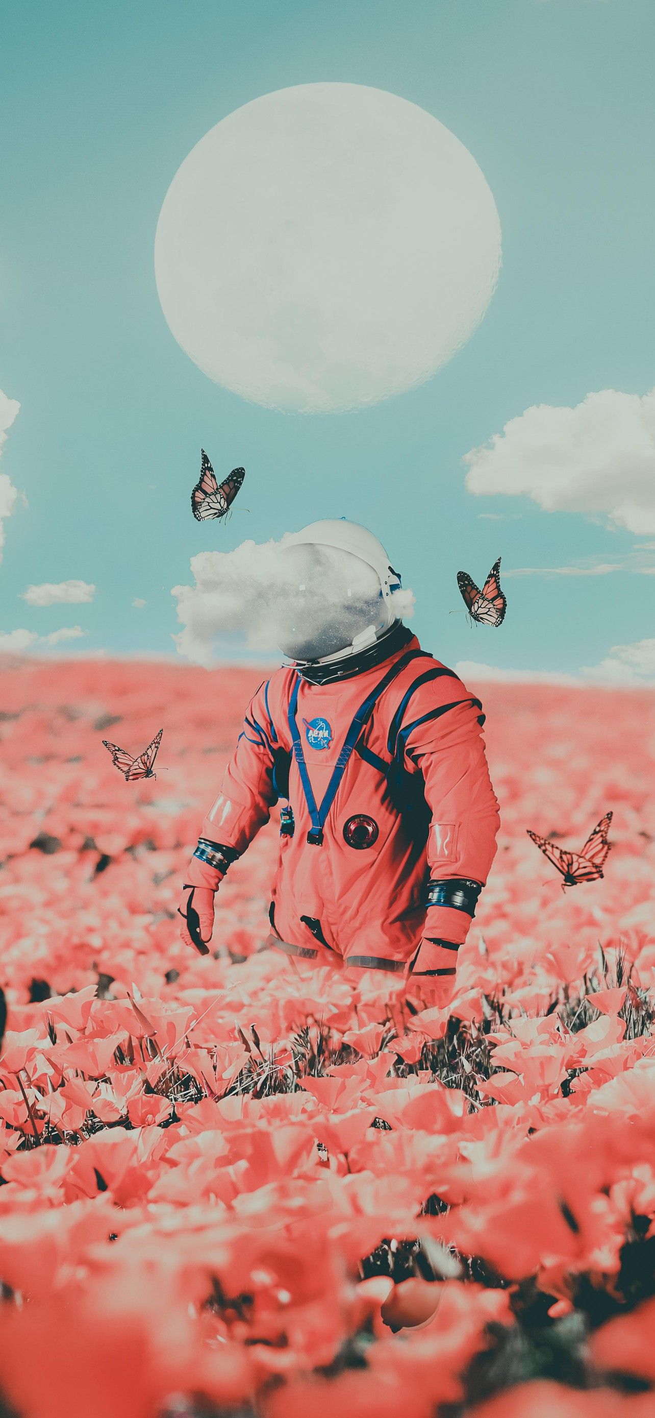 Astronaut Wallpaper 4K, NASA, Flower garden, Butterflies, Surreal, Moon, Fantasy