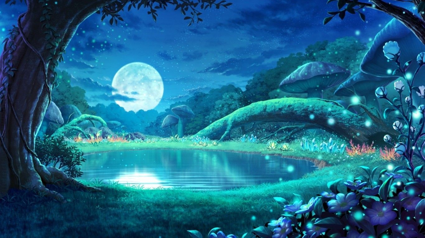 Download 1366x768 Anime Landscape, Moonlight, Forest, Reflection, Mushrooms, Stars, Night Wallpaper for Laptop, Notebo. Night scenery, Anime scenery, Night forest