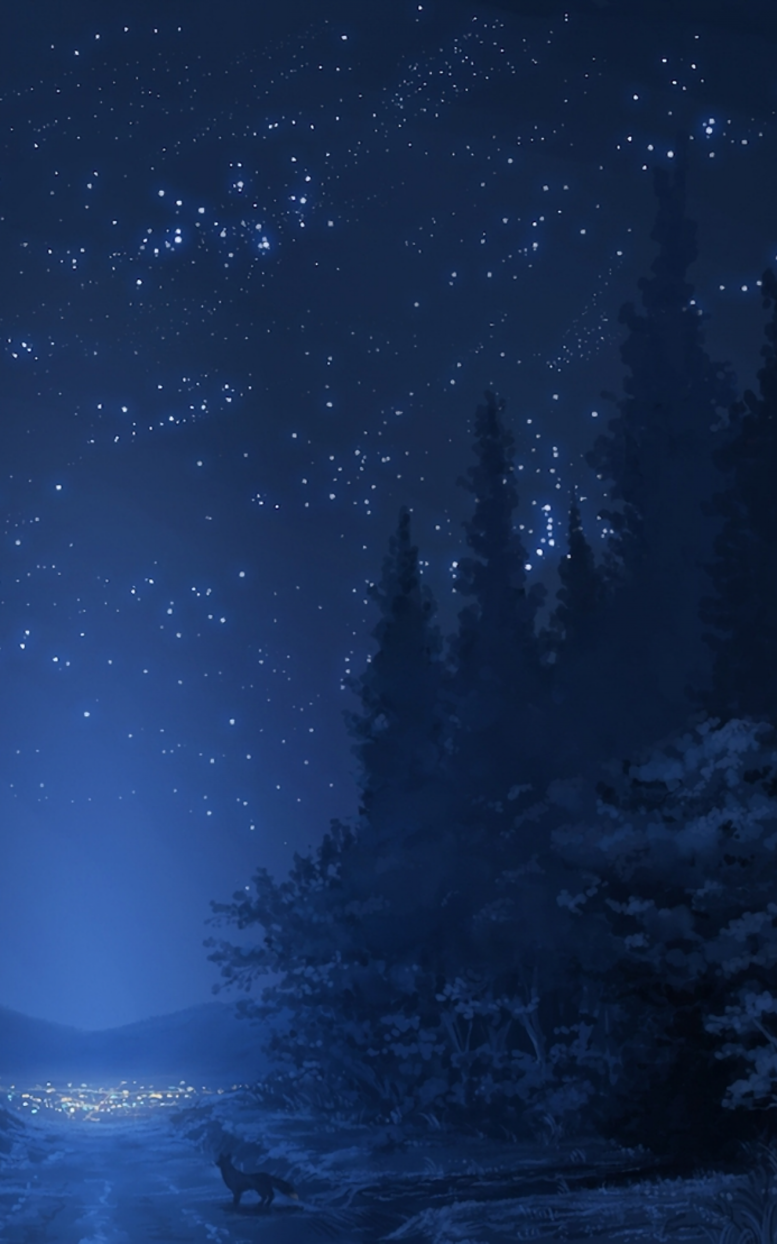 Anime Landscape, Forest, Night, Stars, Wolf