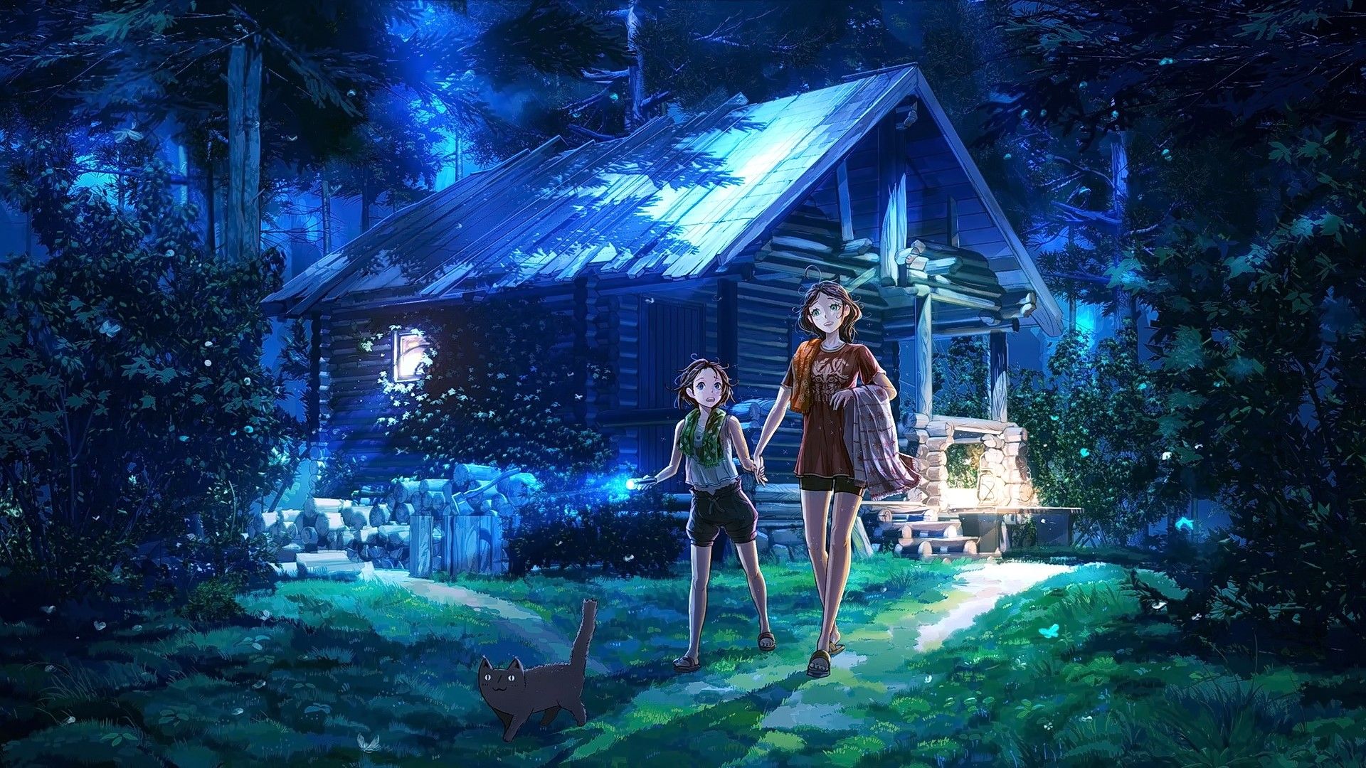 Wallpaper, forest, night, looking away, anime girls, short hair, brunette, jungle, screenshot 1920x1080