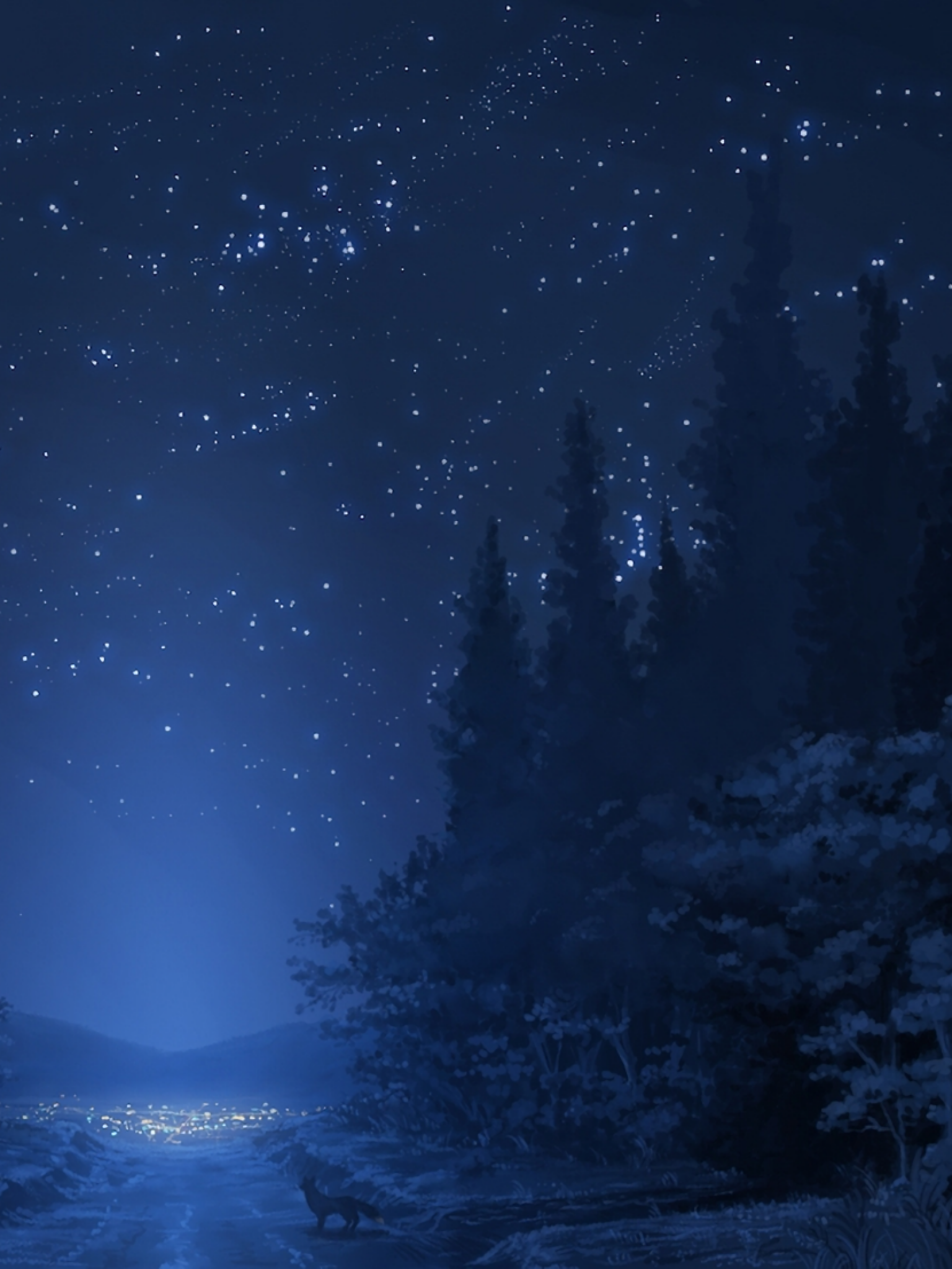 Download 1536x2048 Anime Landscape, Forest, Night, Stars, Wolf Wallpaper for Apple iPad Mini, Apple IPad 4