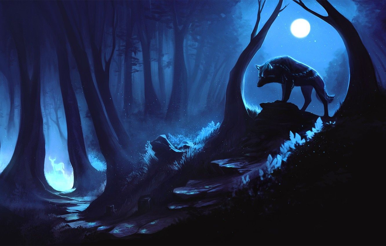 Wallpaper forest, night, wolf, deer, the spirit of the forest image for desktop, section фантастика