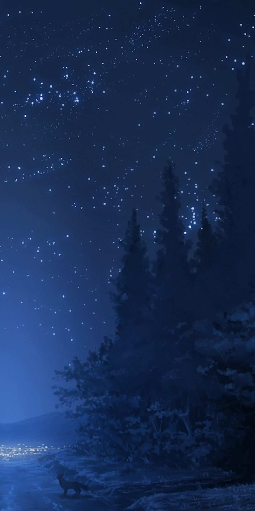 Download 1080x2160 Anime Landscape, Forest, Night, Stars, Wolf Wallpaper for Huawei Mate 10