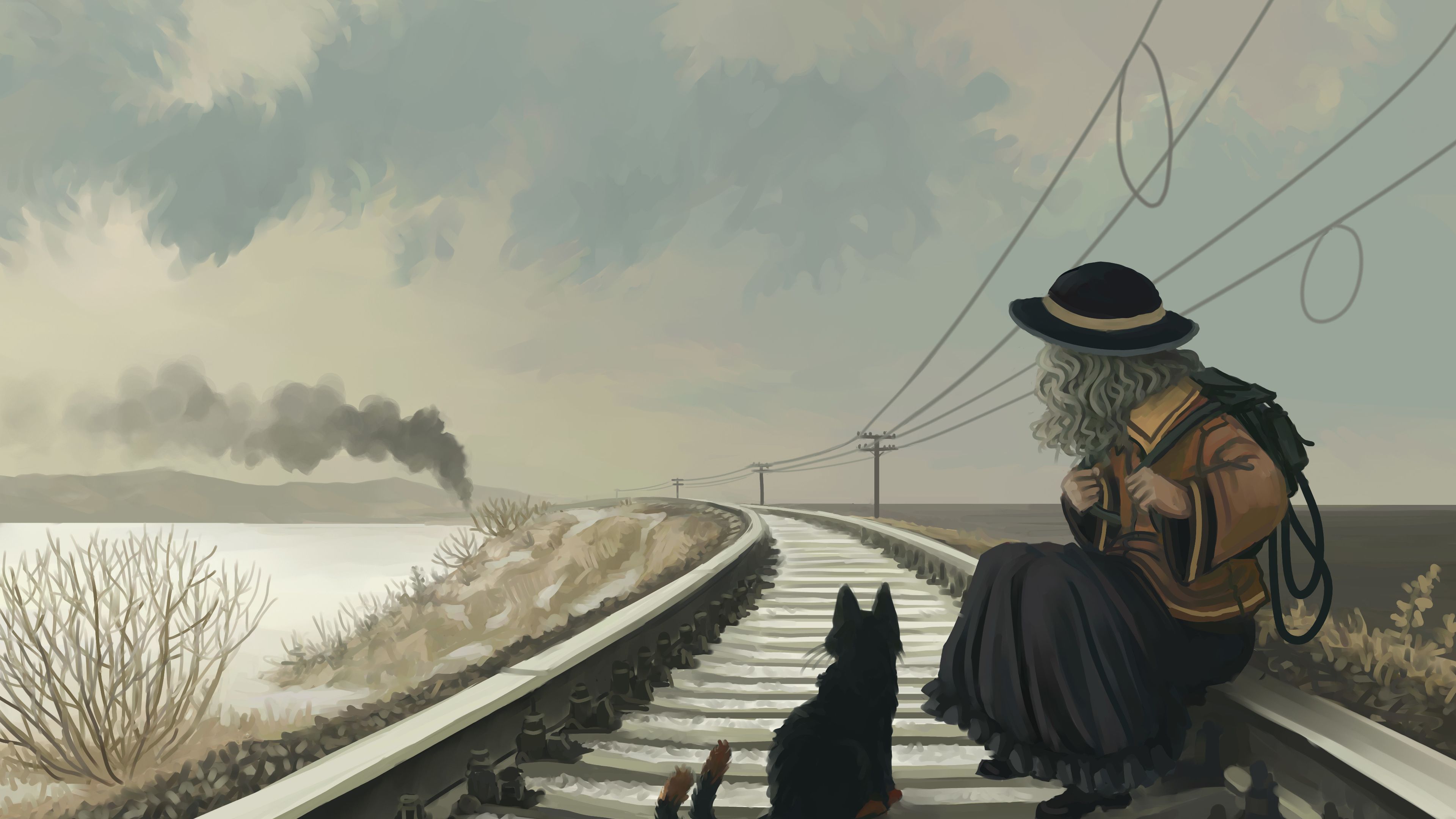 Anime Girl With Cat On Railroad Girl 4k With Cat