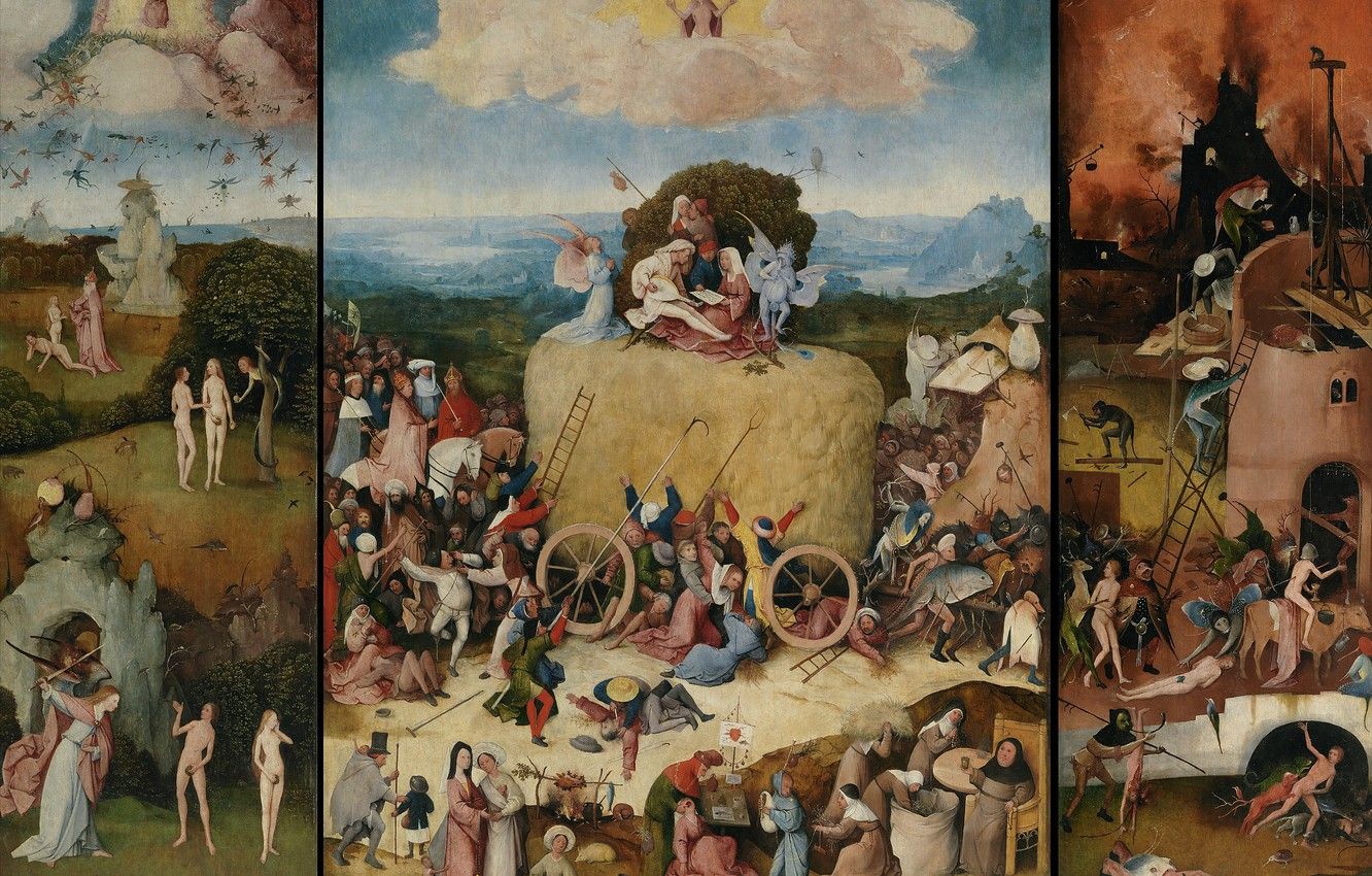 Wallpaper Hieronymus Bosch, right wing, 1490- The triptych 'the hay', Left wing with the fall of the angels image for desktop, section живопись