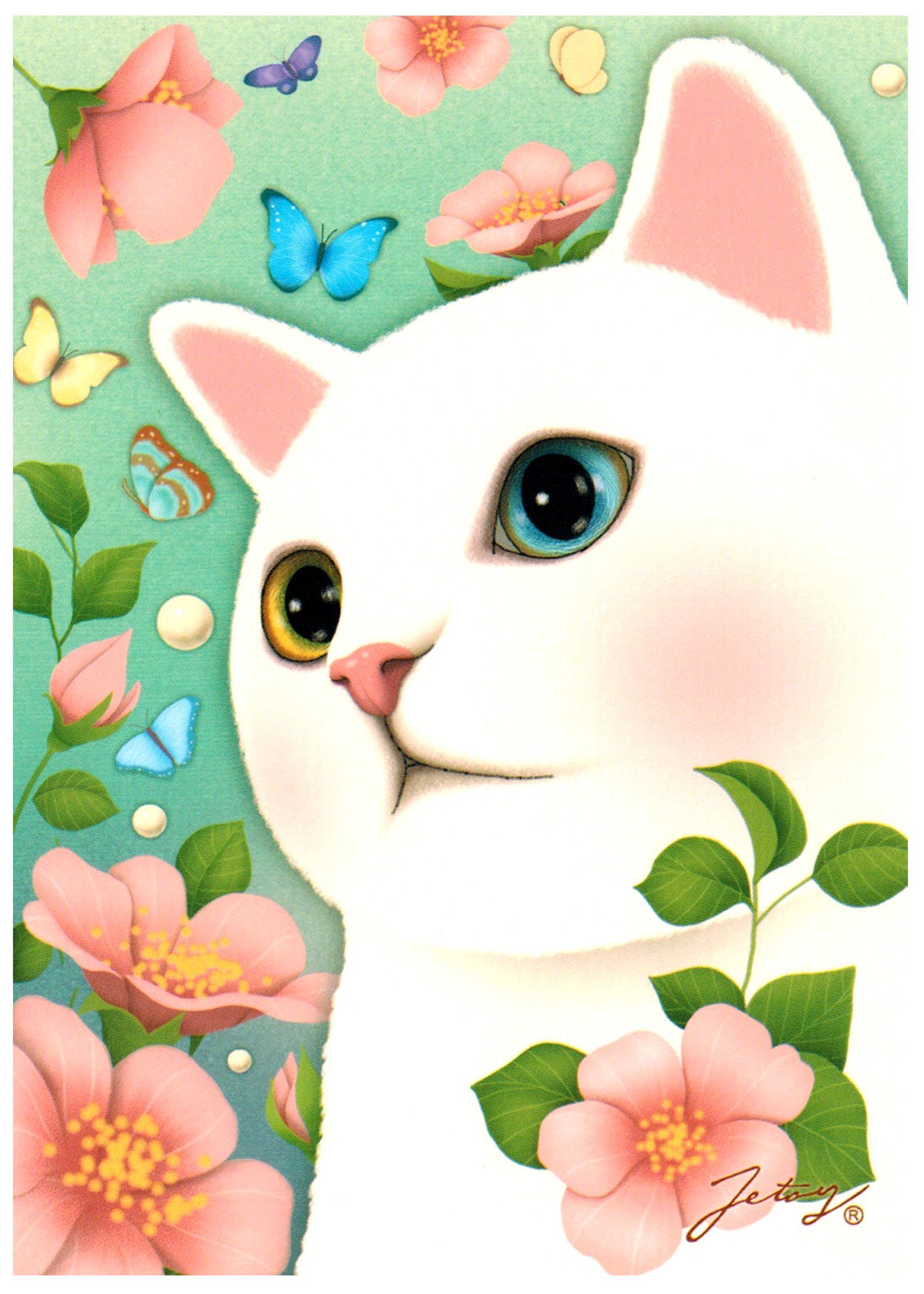 Jetoy Choo Choo Cat Postcard: Vintage Flower. Cat artwork, Cat painting, Cats illustration