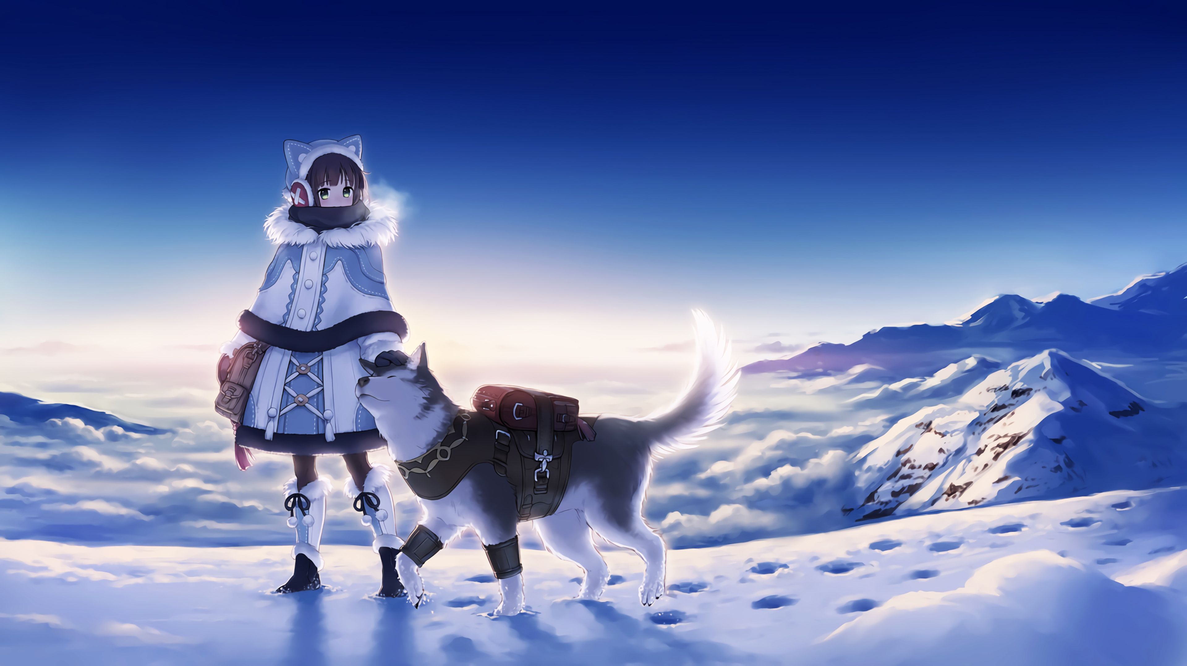 Wallpaper, anime girls, dog, snow 3840x2156