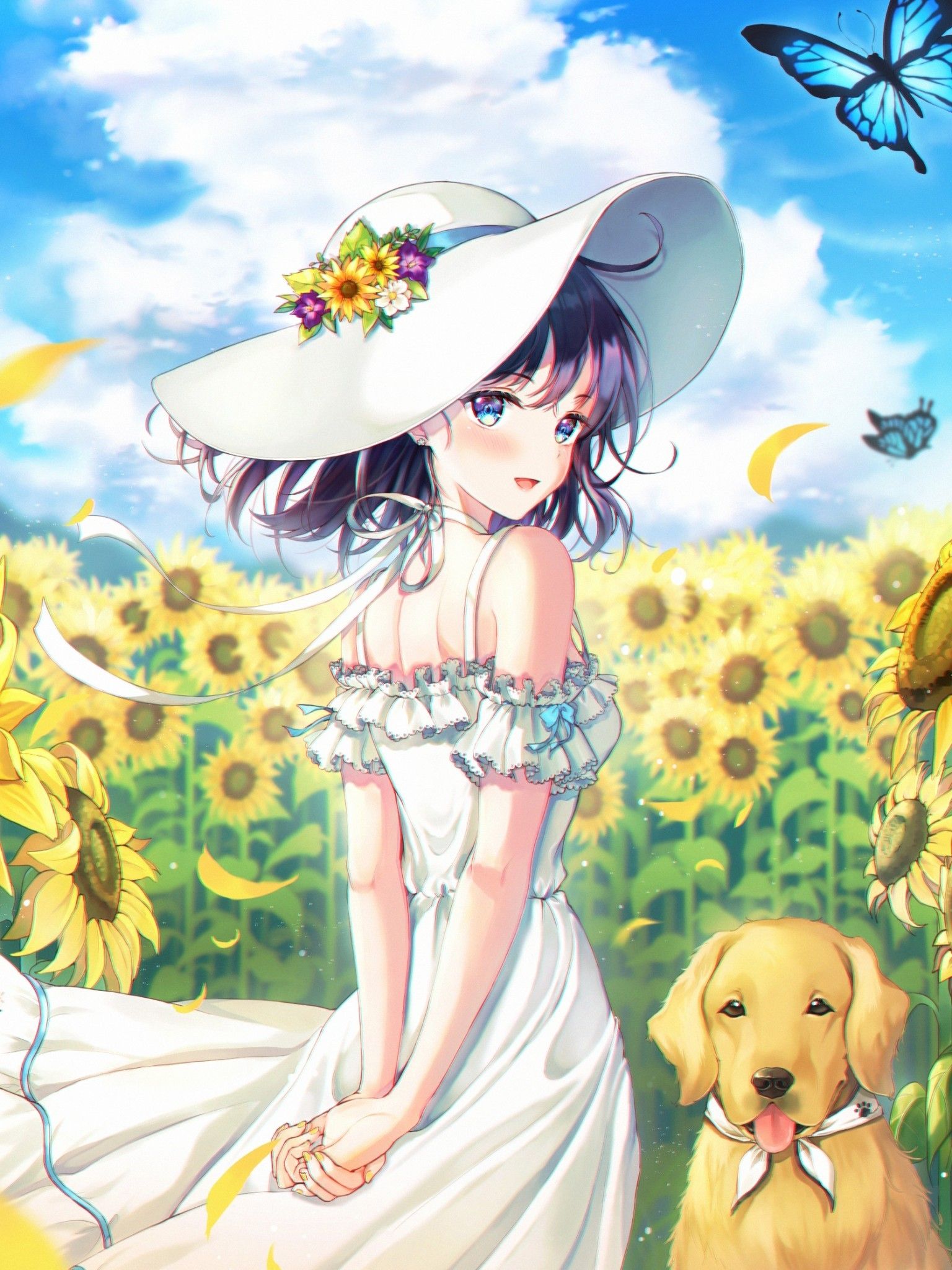Download 1536x2048 Anime Girl, Summer Dress, Dog, Sunflower Field, Hat, Butterfly Wallpaper for Apple iPad Mini, Apple IPad 4