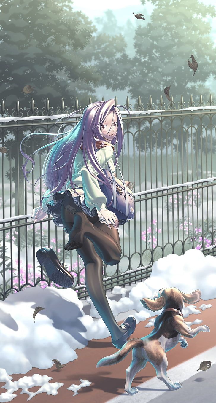 Anime, Anime Girls, Ass, Long Hair, Dog, Snow, Purple Girls In Pantyhoses HD Wallpaper