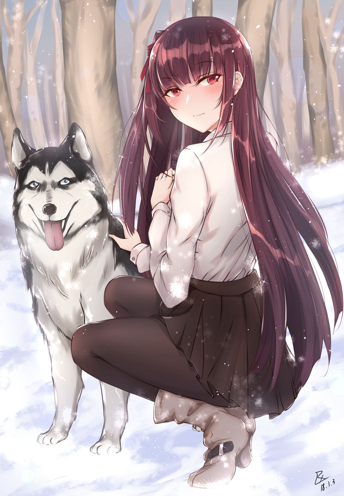 Anime girl WA2000 with a dog (Siberian Husky) [Artist: Zhishi ge fangzhang]' Frontline Clan [anime pics & digital art]
