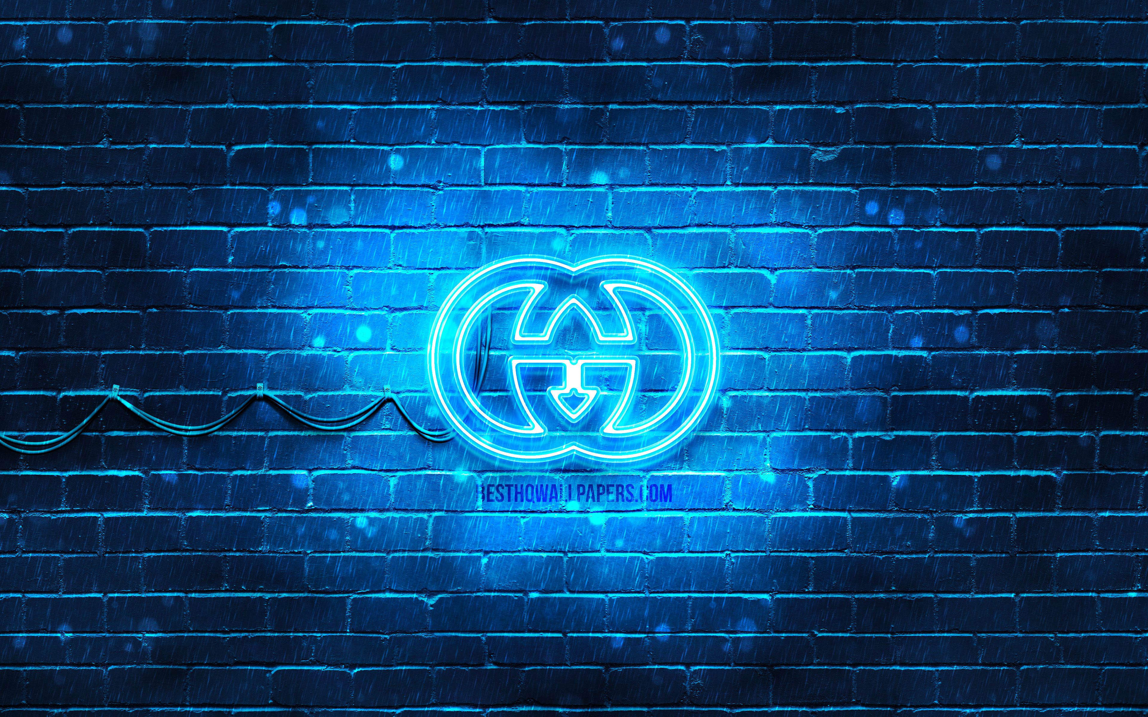 Download wallpaper Gucci blue logo, 4k, blue brickwall, Gucci logo, fashion brands, Gucci neon logo, Gucci for desktop with resolution 3840x2400. High Quality HD picture wallpaper