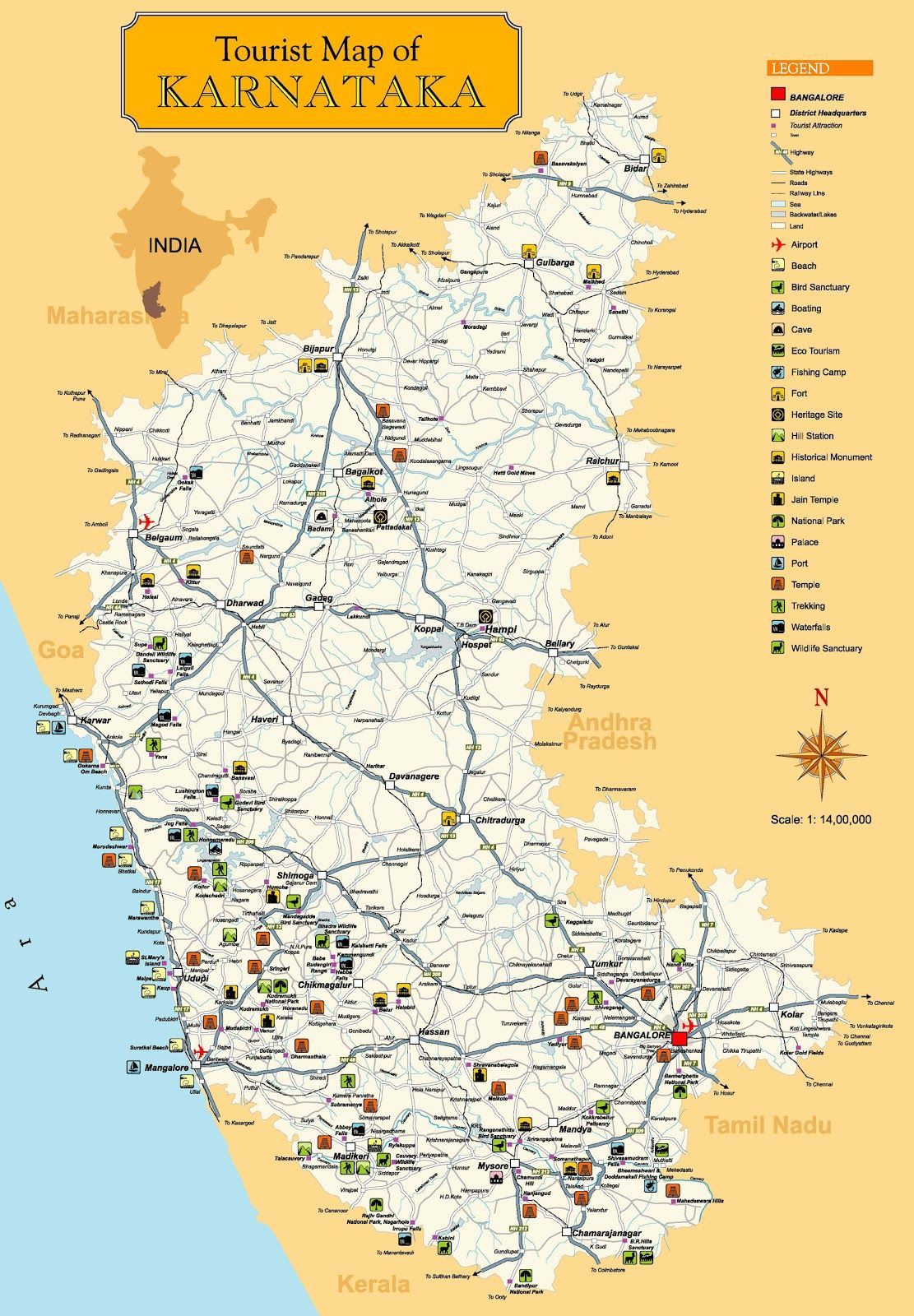 Excellent Tourist Map of Karnataka State, South India (the capital of which is Bangalore / Bengaluru). Tourist map, India map, Karnataka