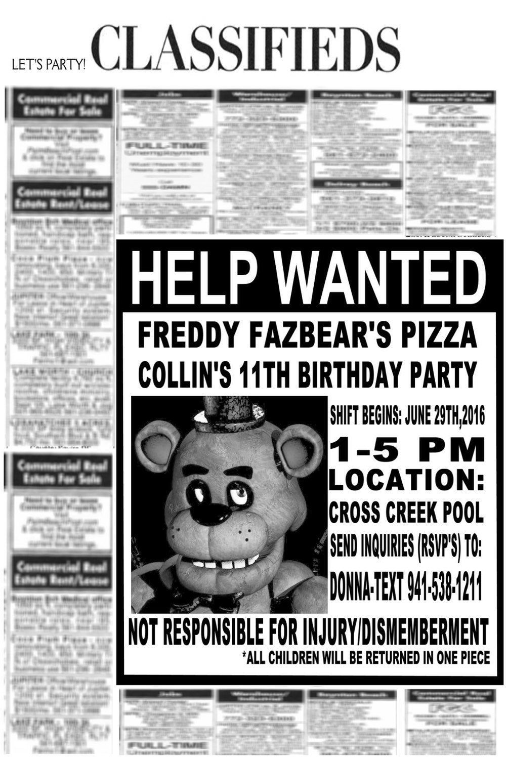 Five nights at Freddy&;s (FNAF) invitations. Five nights at freddy's, Five night, 9th birthday parties