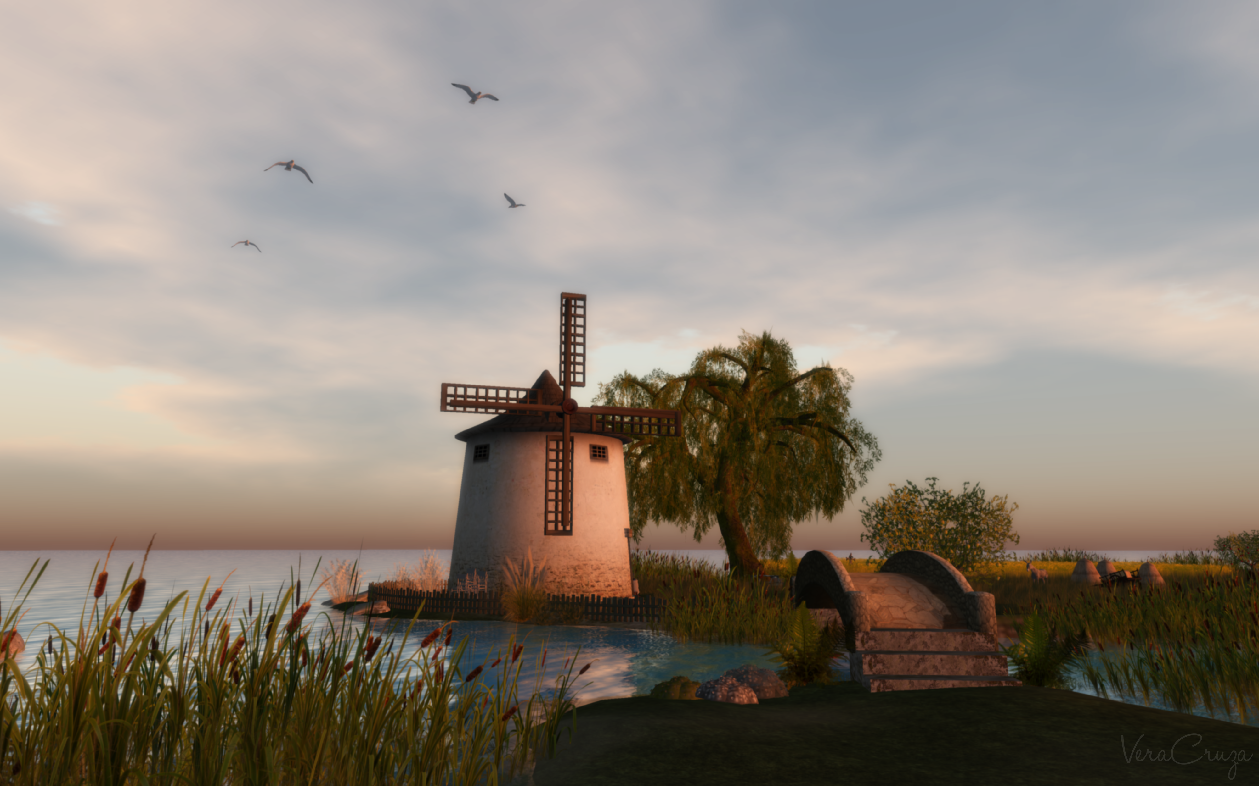 Wallpaper, landscape, sunset, sea, sky, artwork, evening, morning, tower, coast, lighthouse, windmill, dusk, VirTual, cloud, flickr, flickrunitedaward, SL, secondlife, sarawak, rural area, waterway 4000x2500