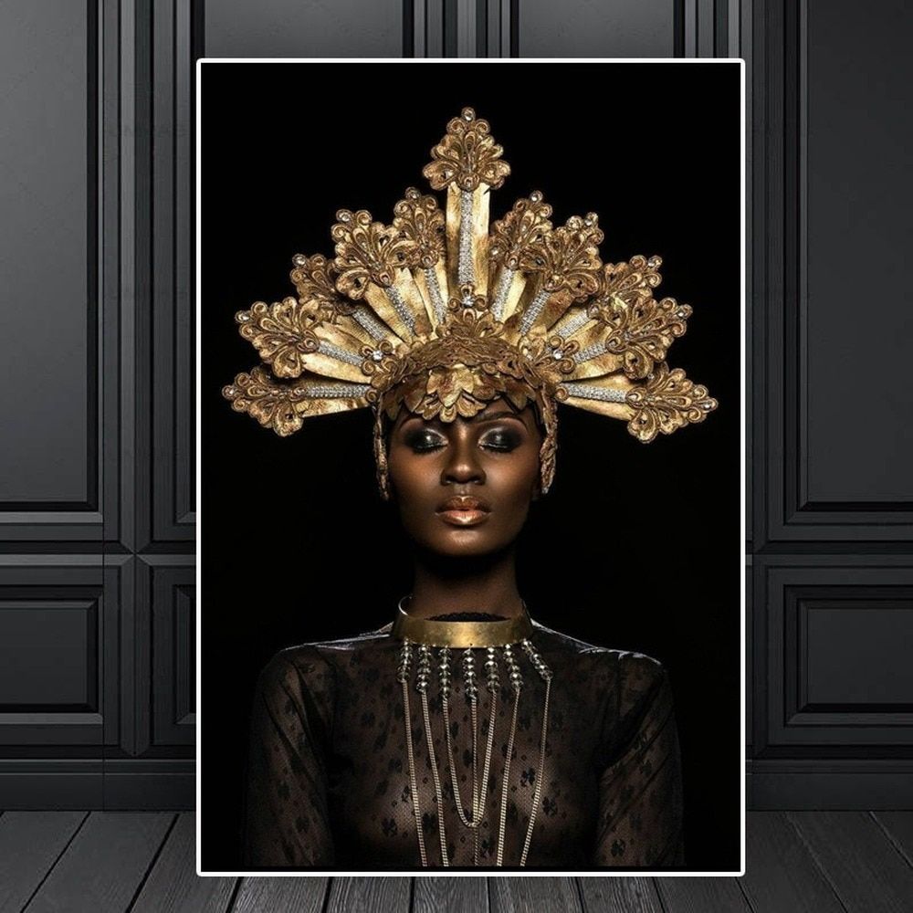 Golden Crown African Woman Canvas Painting Black Gold Model Art Poster Home Wall Art Canvas Decoration Painting Picture