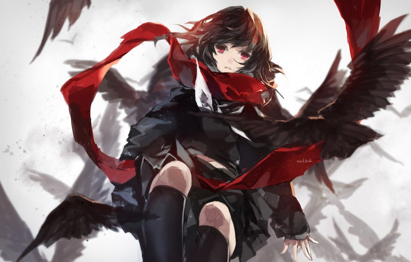 Wallpaper girl, birds, anime, scarf, art, kagerou project, swd3e2, ayano tateyama image for desktop, section прочее