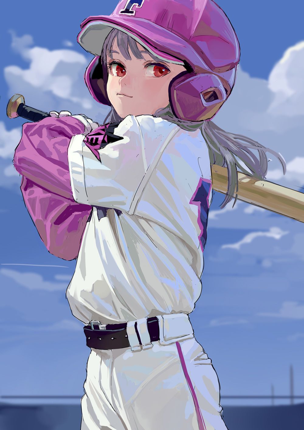 Wallpaper, anime girls, FKEY, baseball, red eyes 1000x1415