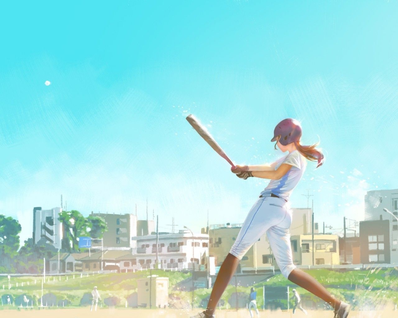 Download 1280x1024 Anime Girl, Baseball Player, Field, Baseball Bat Wallpaper