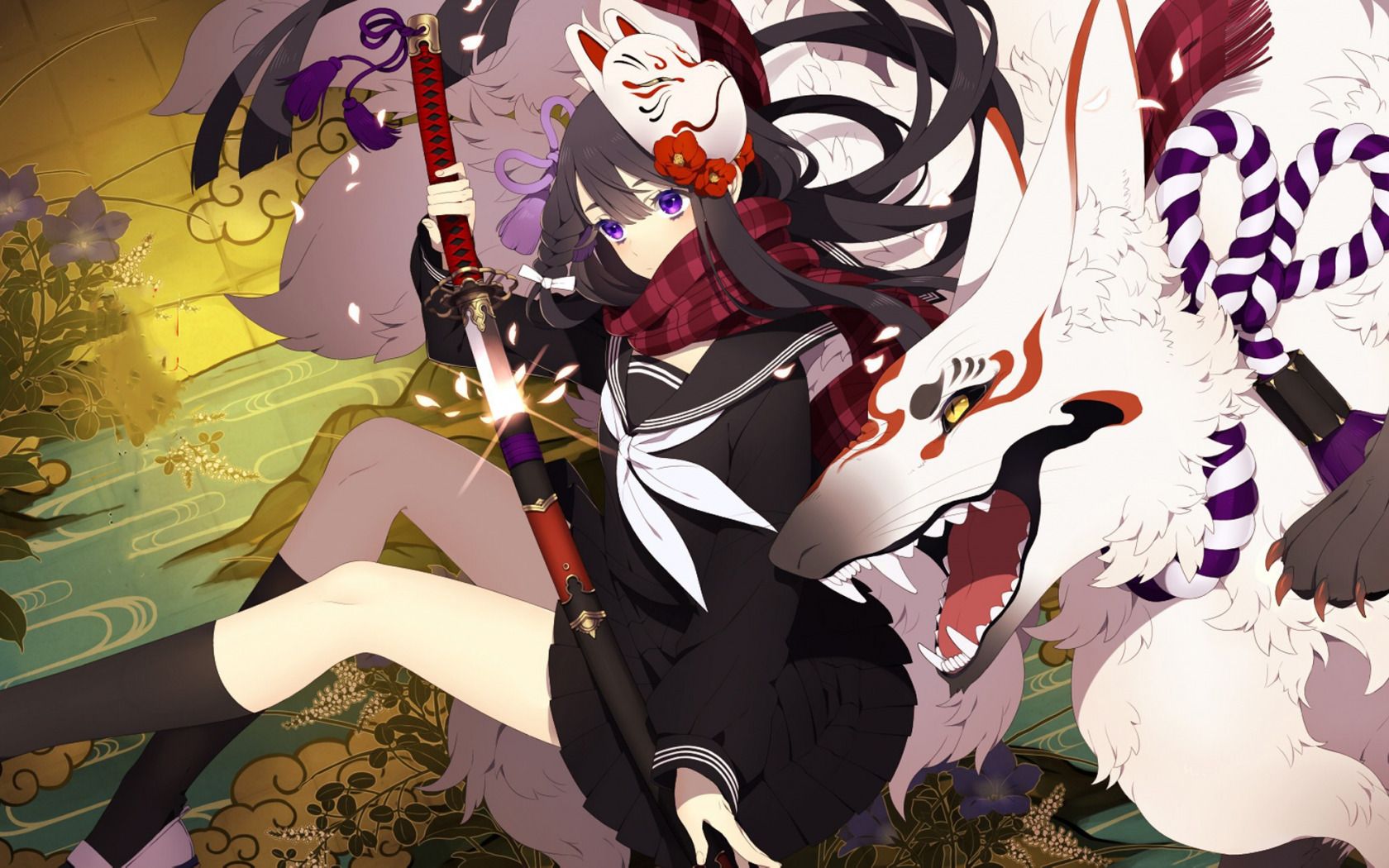 Download wallpaper girl, sword, fox, anime, ken, spirit, blade, mask, hunter, japanese, sugoi, bishojo, kitsune, youkai, section art in resolution 1680x1050
