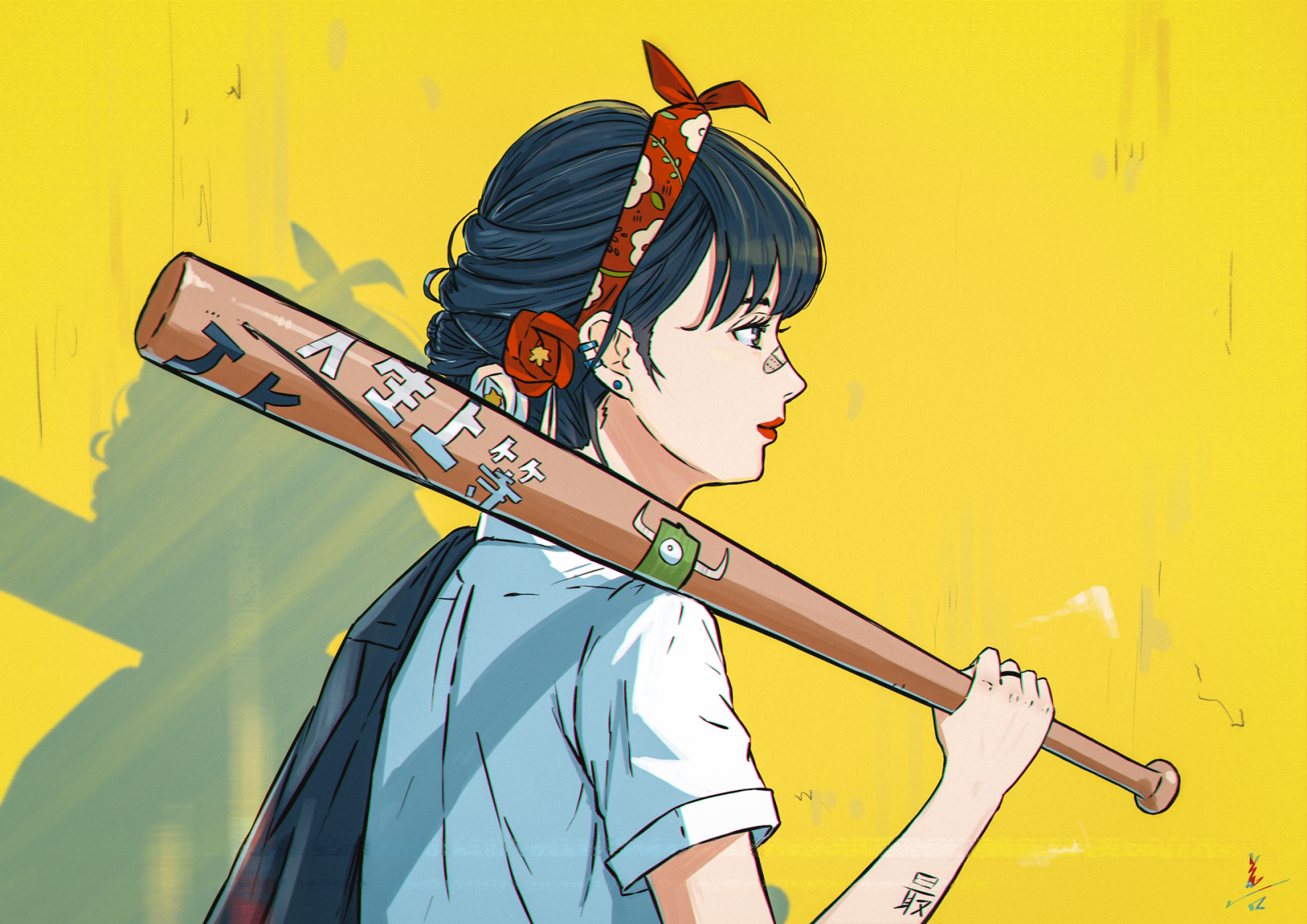 Wallpaper, baseball bat, yellow background, anime girls, bandage 1920x1358