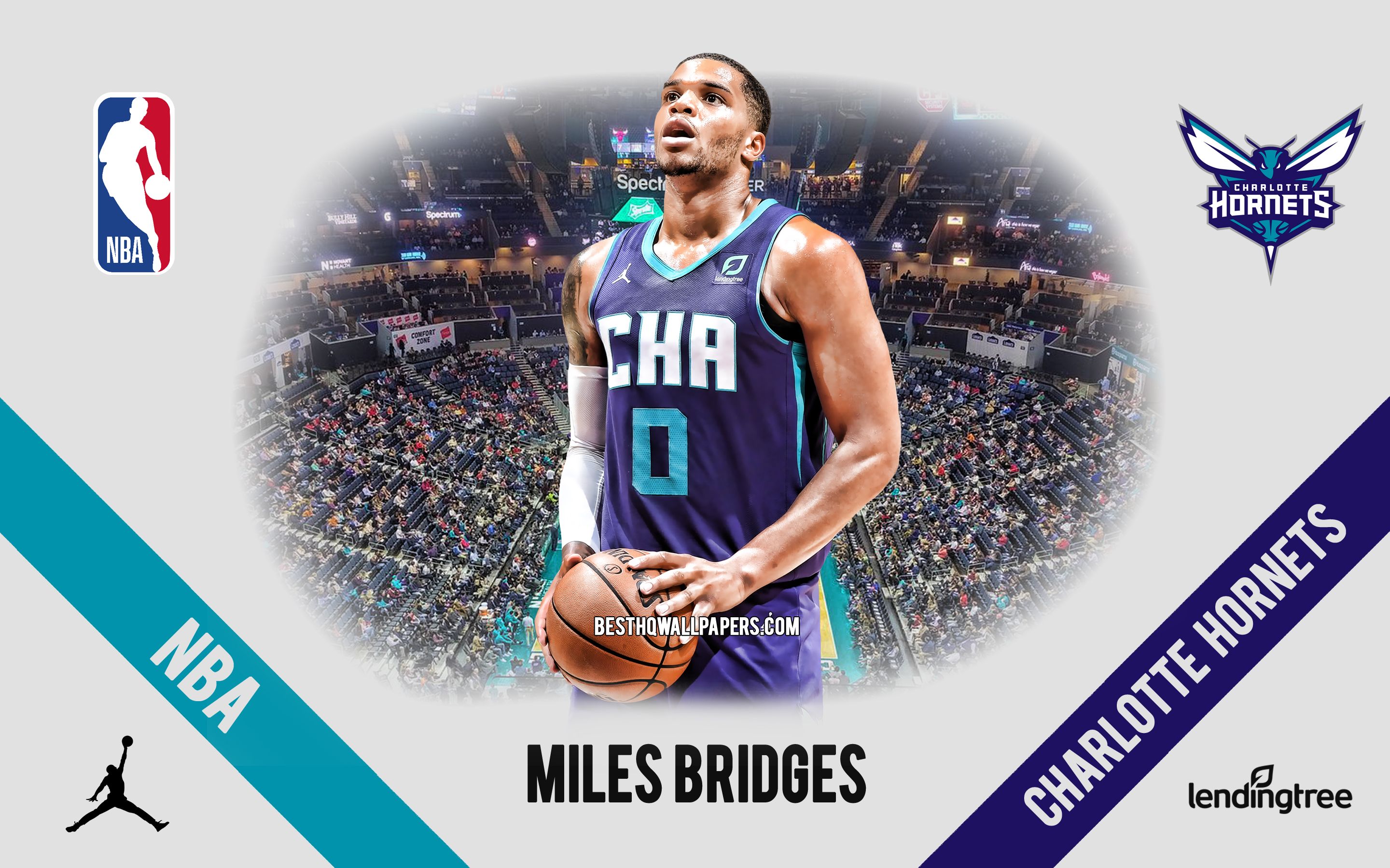 Download wallpaper Miles Bridges, Charlotte Hornets, American Basketball Player, NBA, portrait, USA, basketball, Spectrum Center, Charlotte Hornets logo for desktop with resolution 2880x1800. High Quality HD picture wallpaper