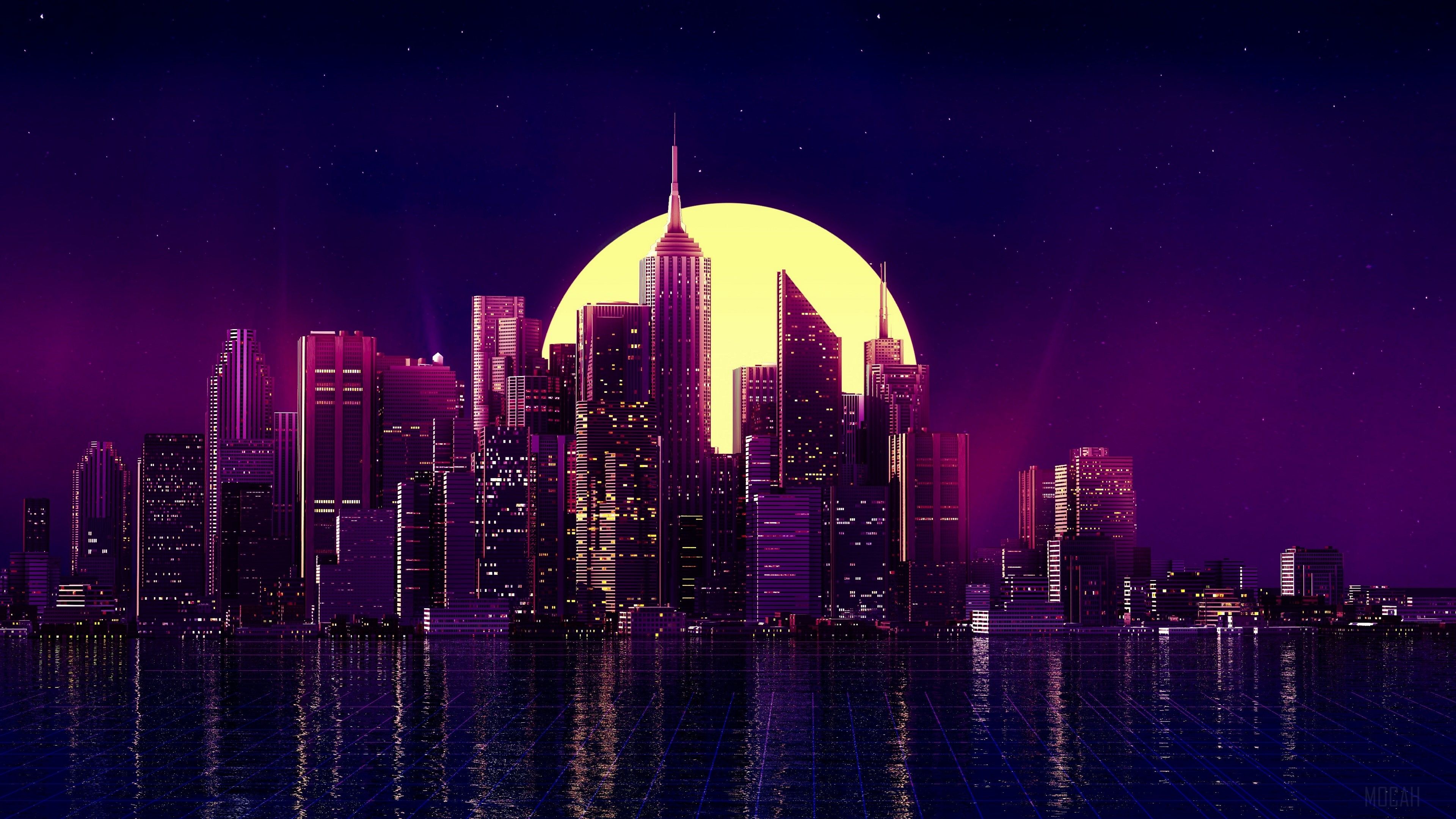 Building, City, Moon, Night, Purple, Reflection, Retro Wave, Skyscraper 4k wallpaper HD Wallpaper