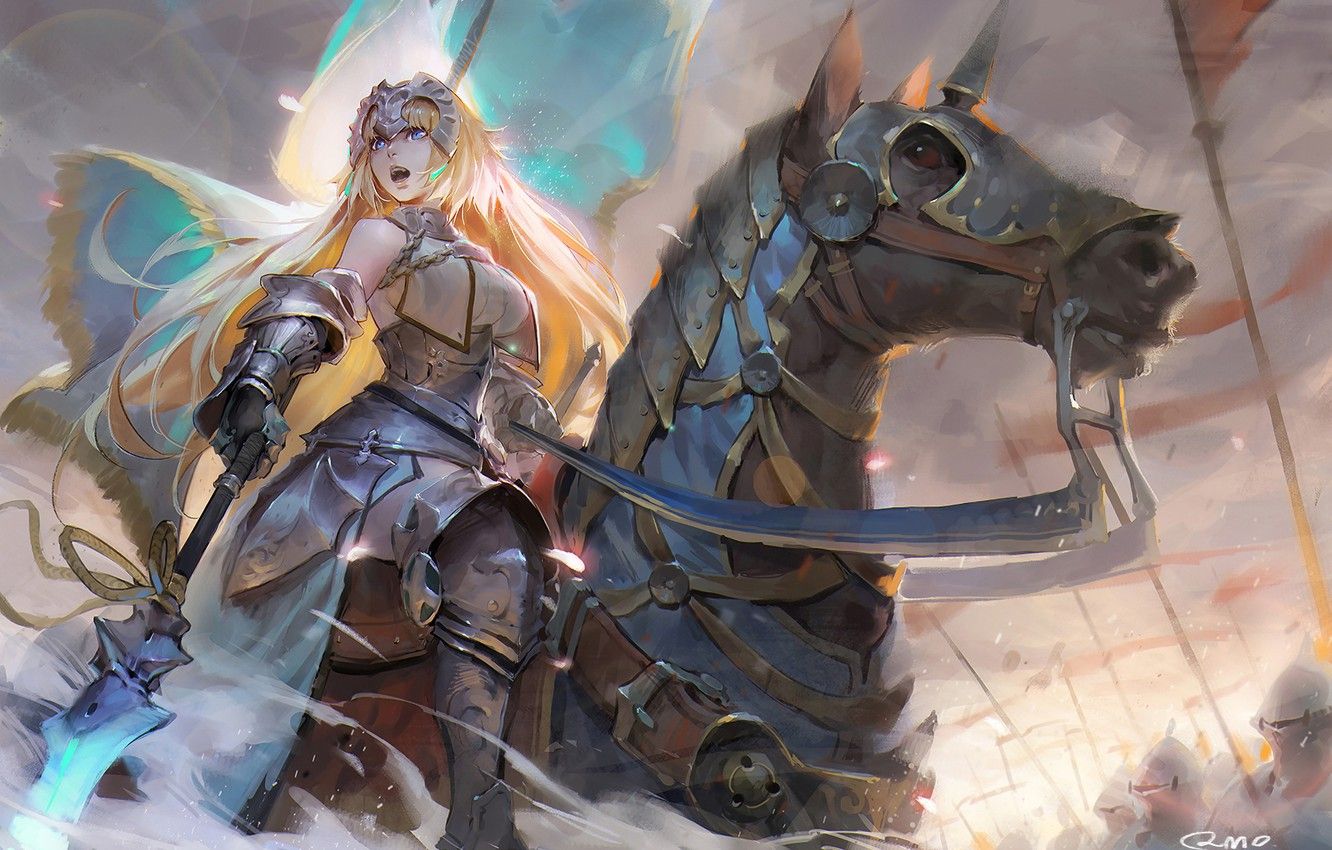 Wallpaper girl, weapons, horse, armor, spear, anime, art, Joan of arc, Ruler image for desktop, section арт