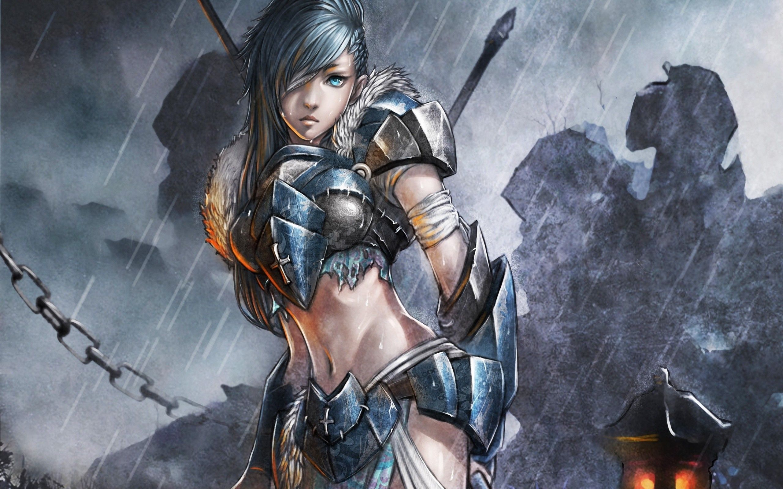 women rain wet eyepatch fantasy art armor artwork aqua eyes anime girls 2560x1600 wallpaper