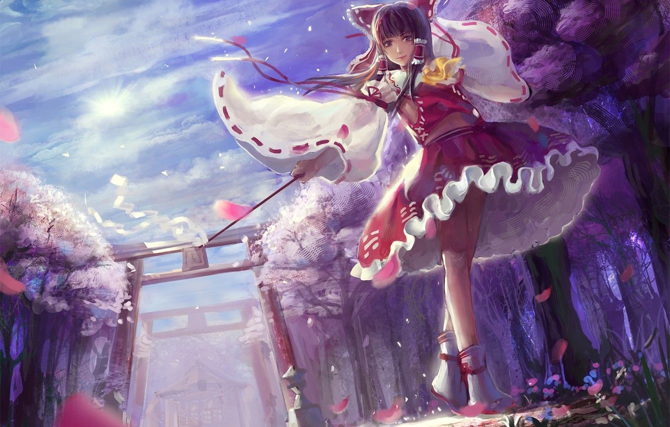 Wallpaper girl, trees, petals, art, bow, the gates, touhou, hakurei reimu image for desktop, section сэйнэн