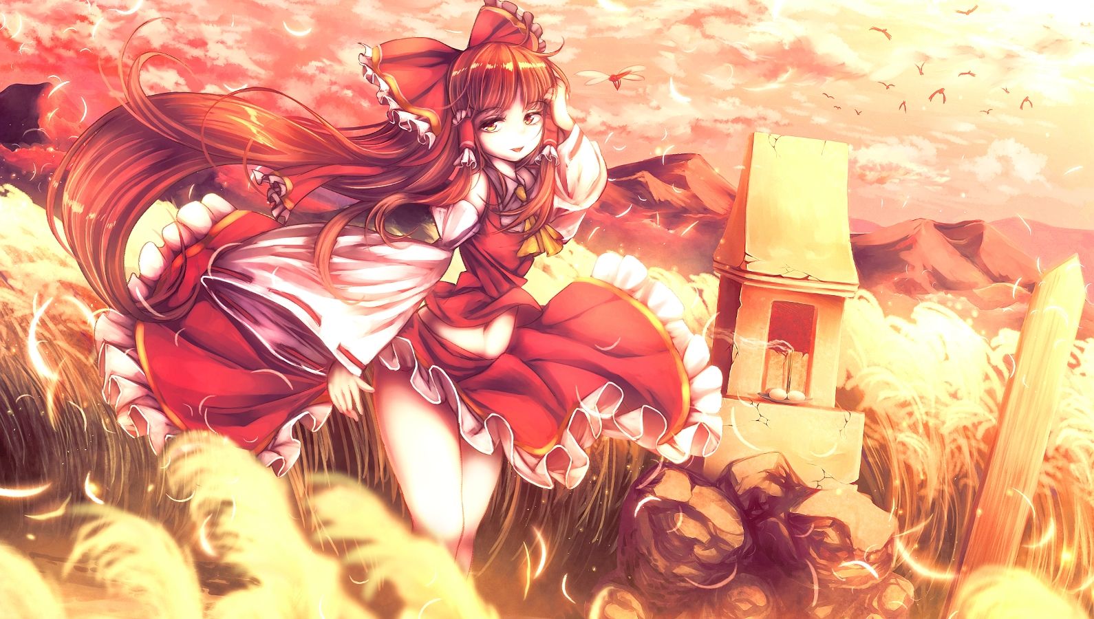 Download 1590x900 Hakurei Reimu, Japanese Clothes, Windy, Scenic, Clouds, Birds, Touhou Wallpaper