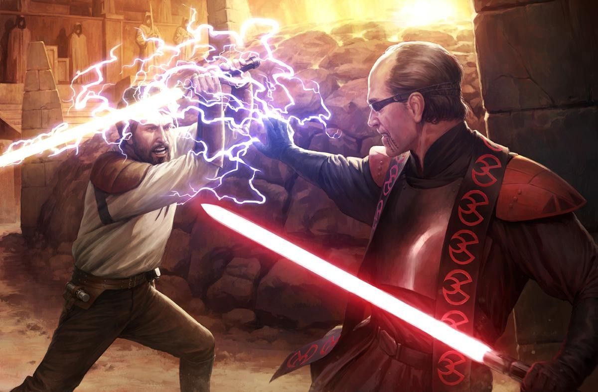 Star Wars, futuristic, fight, lightsabers, stones, Sith, Jedi, digital art, science fiction, artwork, lightning, temple, Kyle Katarn wallpaper