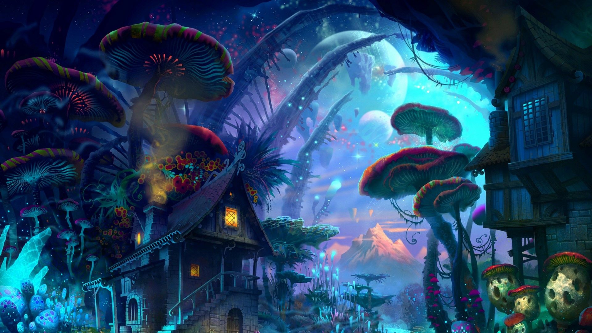 Wallpaper / anime, magic, fantasy art, plants, house, planet, mushroom, colorful free download