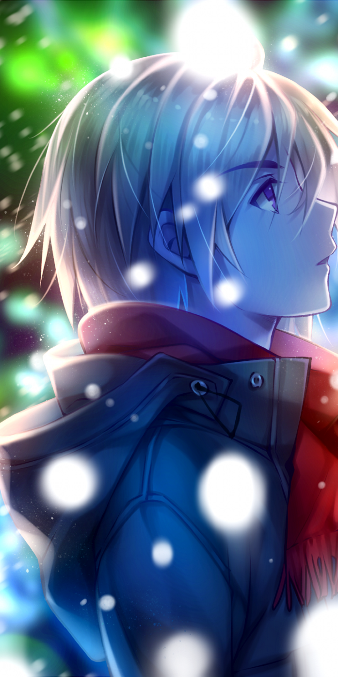 Download 1080x2160 Anime Boy, Profile View, Red Scarf, Winter, Snow, Coffee Wallpaper for Huawei Mate 10