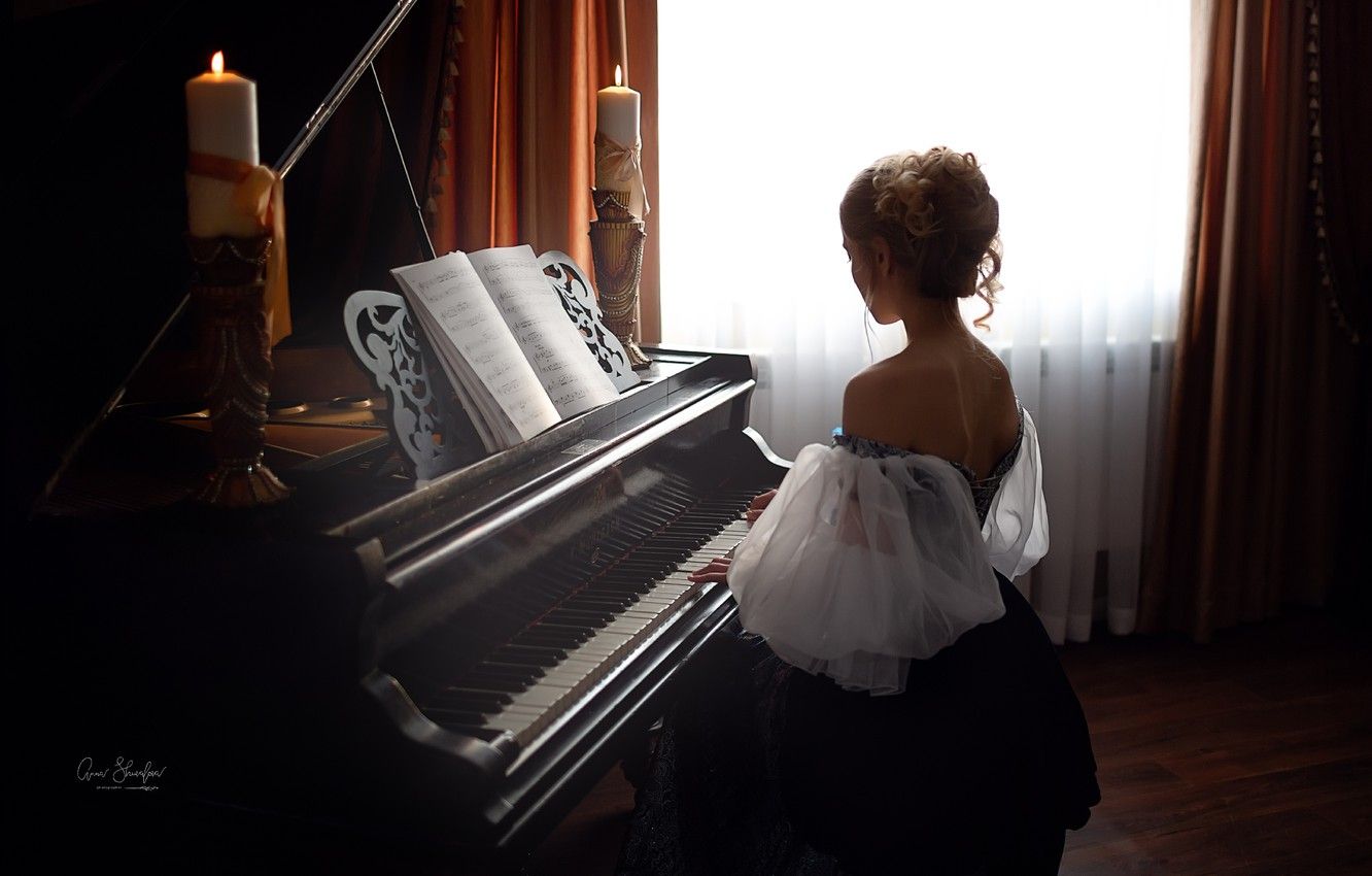 Wallpaper girl, notes, back, candles, piano, Anna Shuvalova image for desktop, section настроения