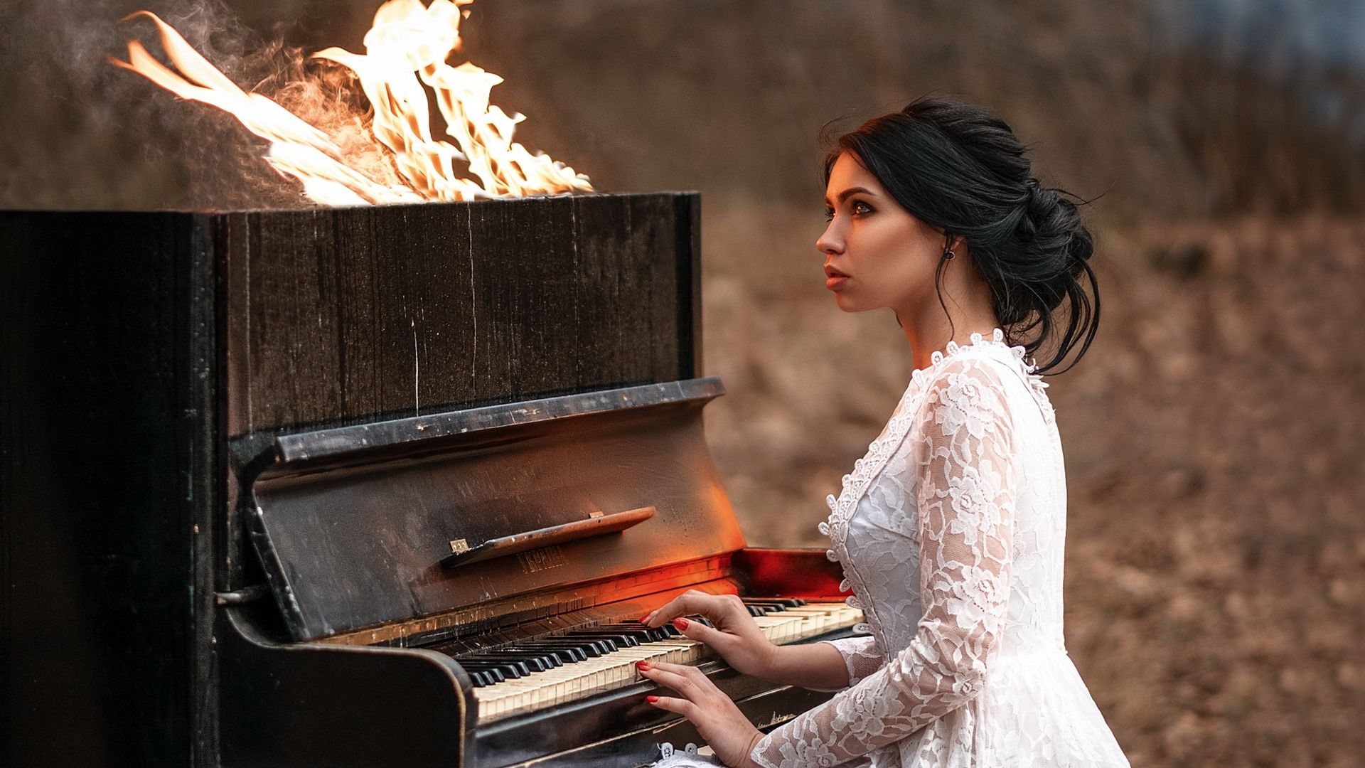 Wallpaper Girl play piano, fire, flame 1920x1200 HD Picture, Image