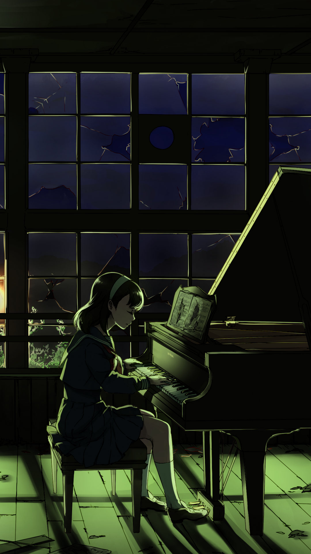 Anime Girl, Playing Piano, Night, Broken Glass, Closed HD Wallpaper