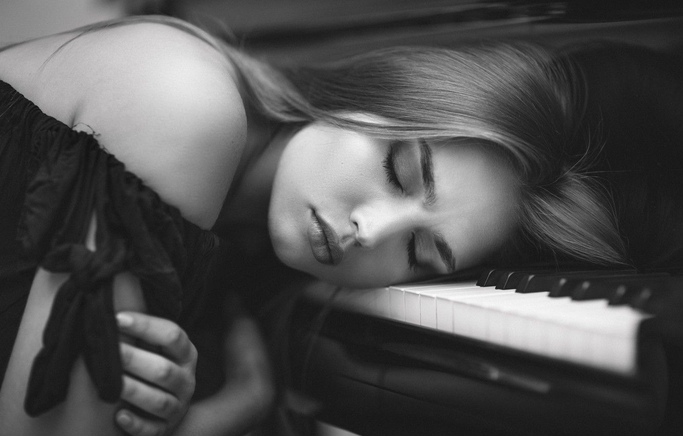 Photo Wallpaper Girl, Keys, Piano, Tired, Black And With Black Piano