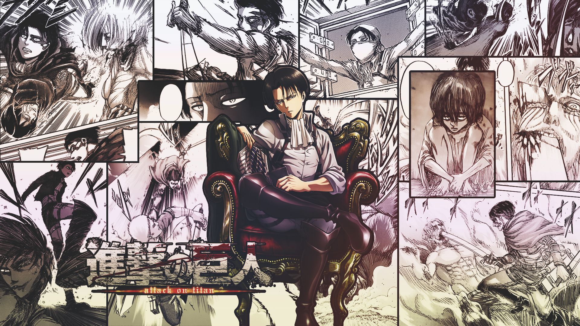 Wallpaper, Shingeki no Kyojin, Levi Ackerman, collage, comics, manga, speech bubble, throne, frontal view 1920x1080