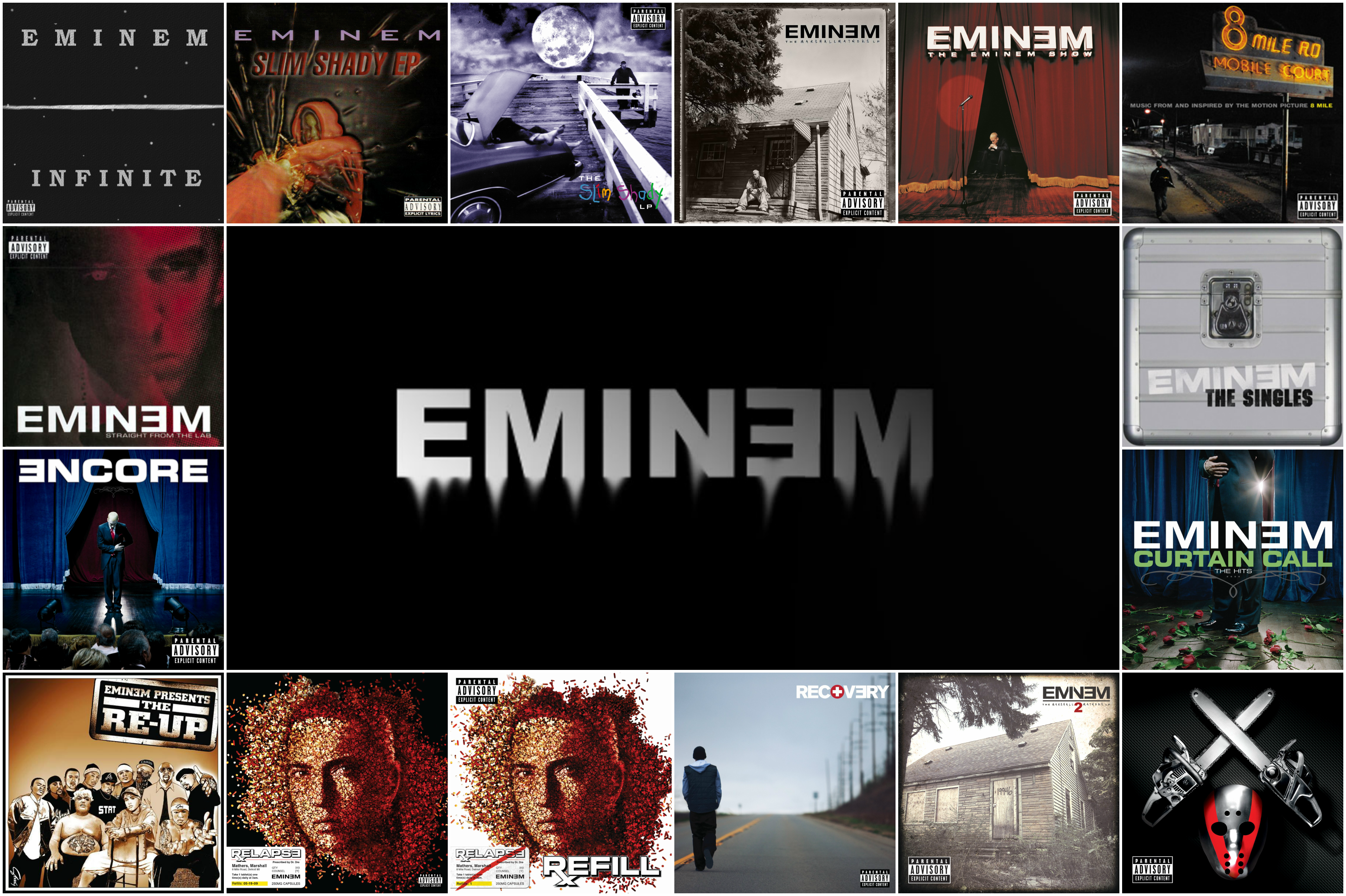 I got bored and made an Eminem wallpaper with album art. Eminem wallpaper, Eminem, Eminem albums