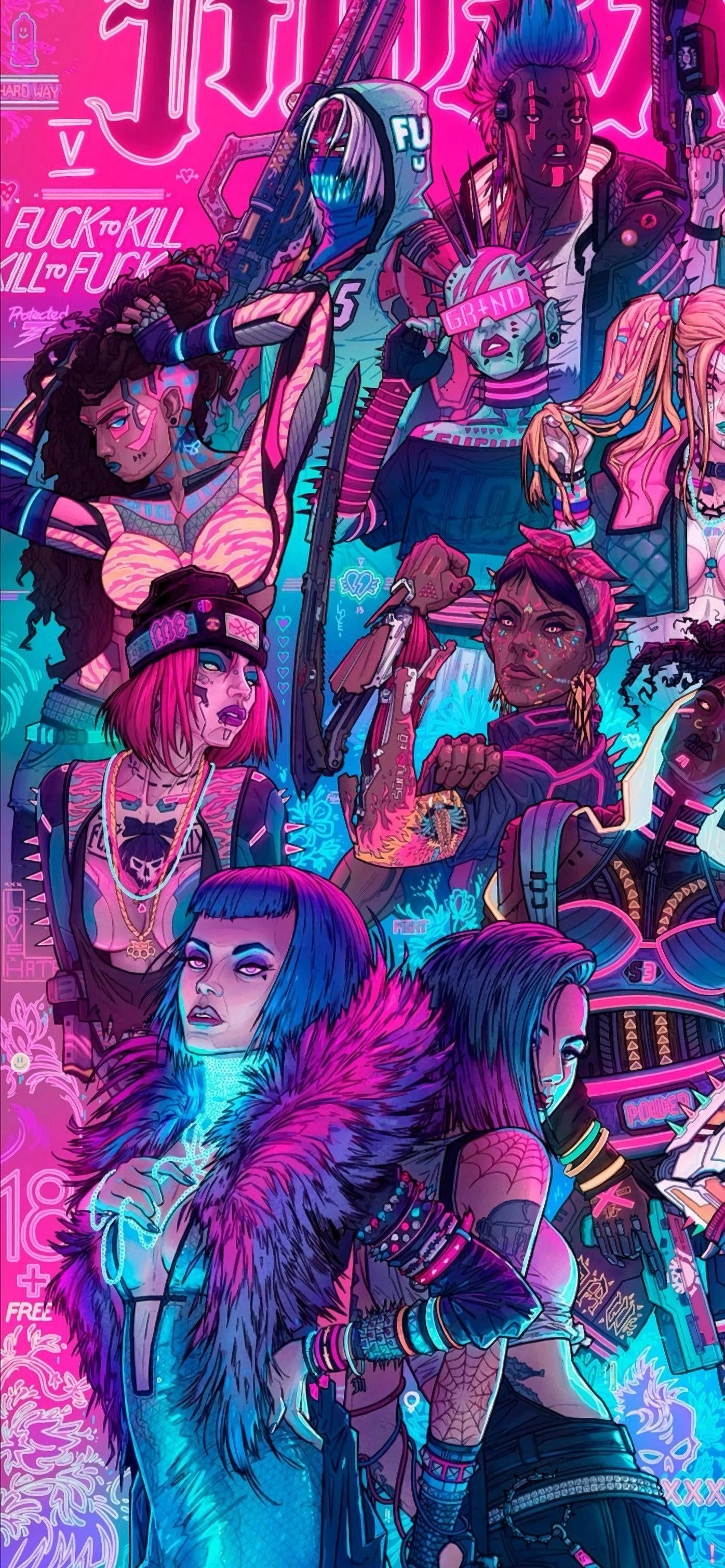 Cyberpunk 2077 Mox gang wallpaper (featuring Evelyn Parker and Judy Alvarez) [1396x3018]