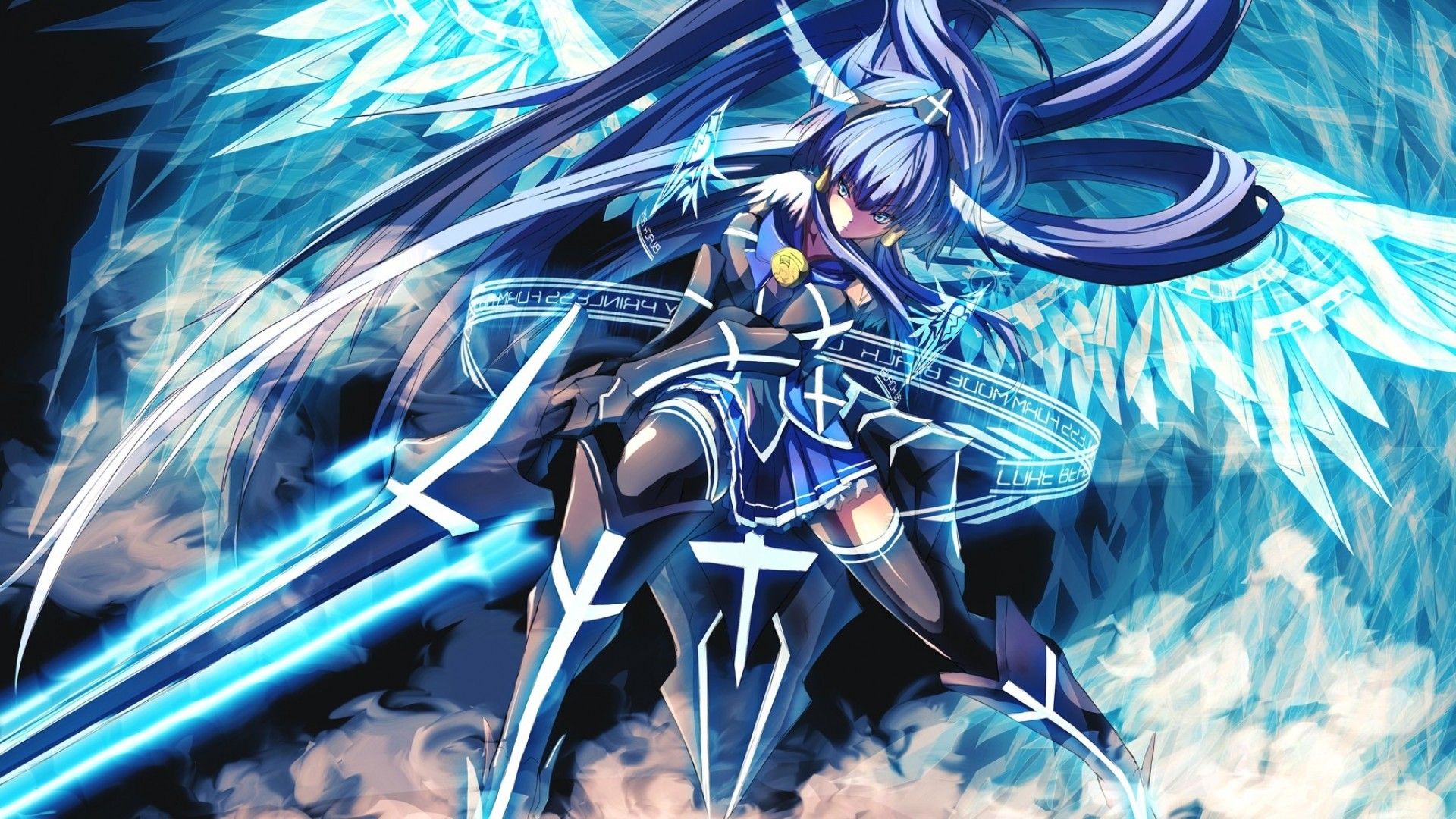 Anime Girl, Fighter, Big Sword, Wings, Long Hair HD Wallpaper