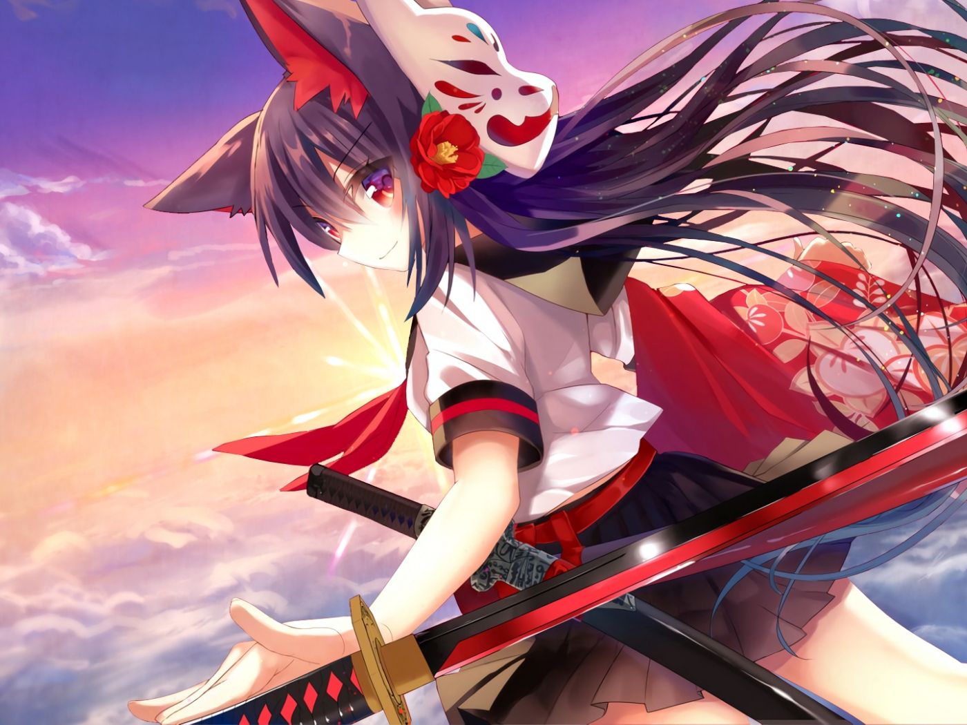 Desktop Wallpaper Long Hair Anime Girl With Katana, Swords, HD Image, Picture, Background, 1ktokm