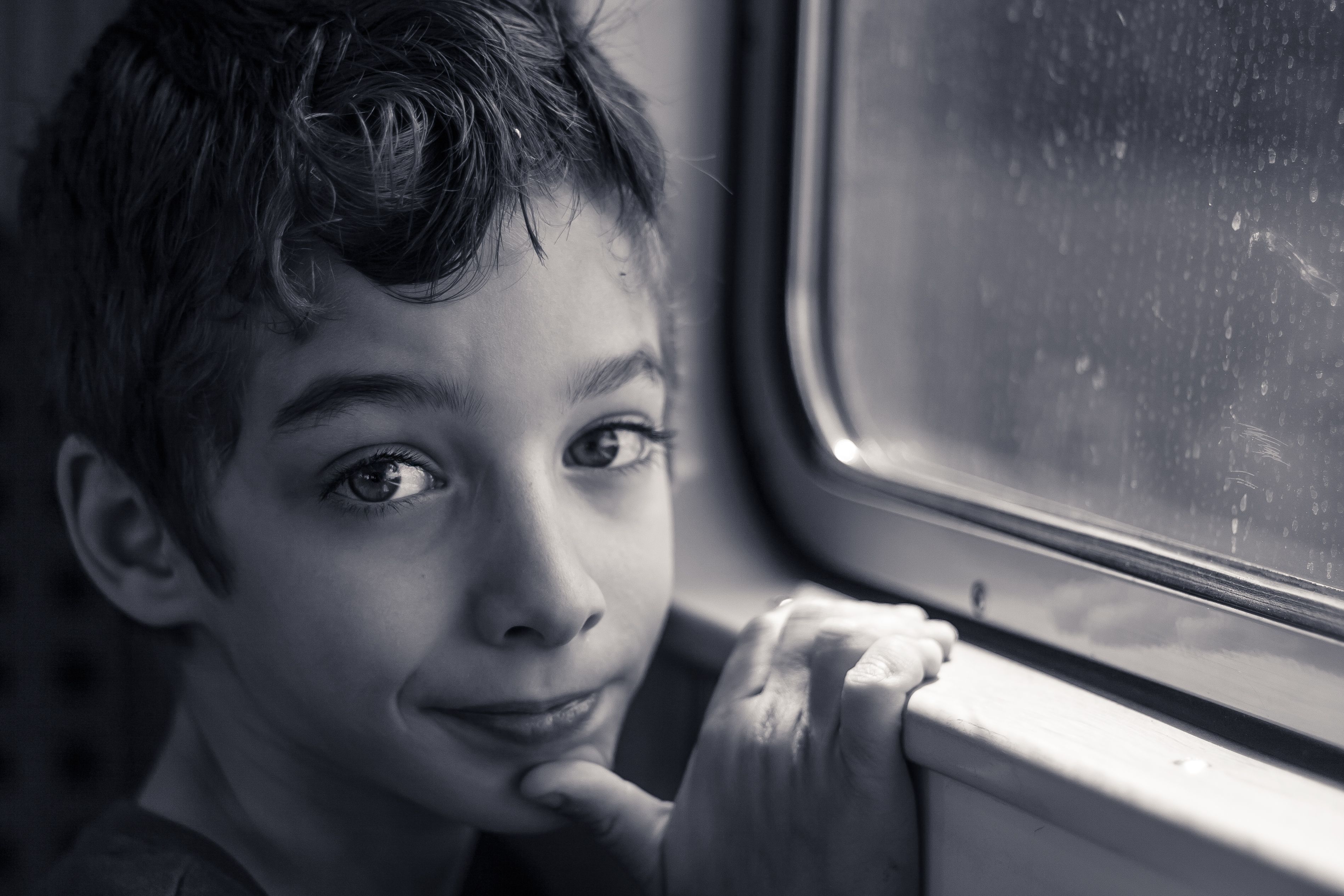 Wallpaper, travel, boy, bw, white, black, window, look, train, photography, kid, cool, eyes, child, blond, looks, traveling 3795x2530