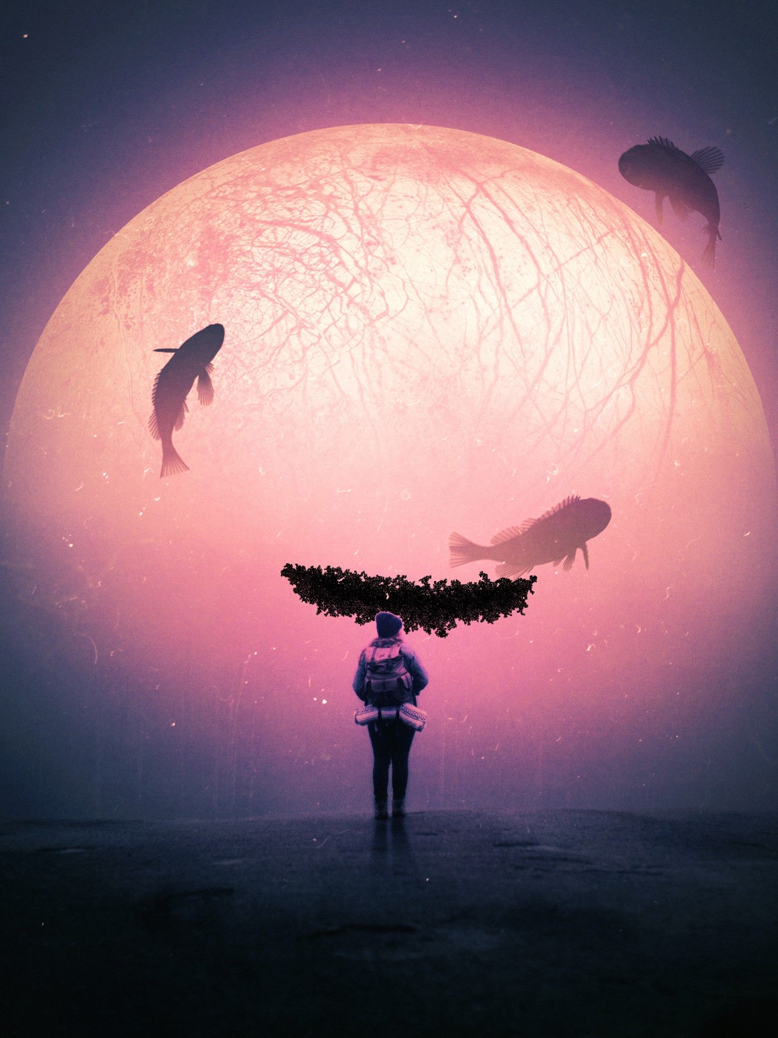 Alone 4K Wallpaper, Surreal, Dream, Fishes, Moon, Travel, Explorer, Fantasy