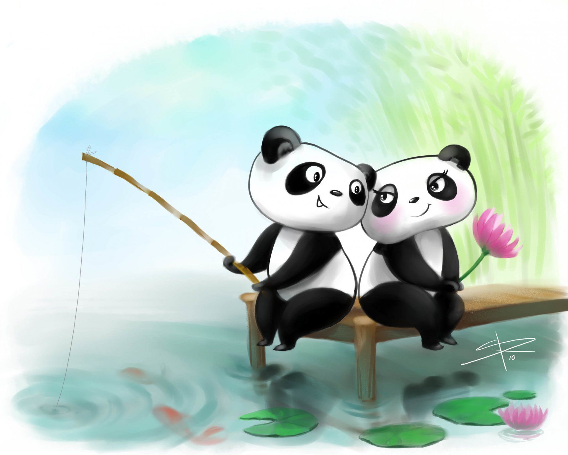 Picture Panda Two Love Fishing Fishing Rods Lotus Confused Lovers Wallpaper & Background Download