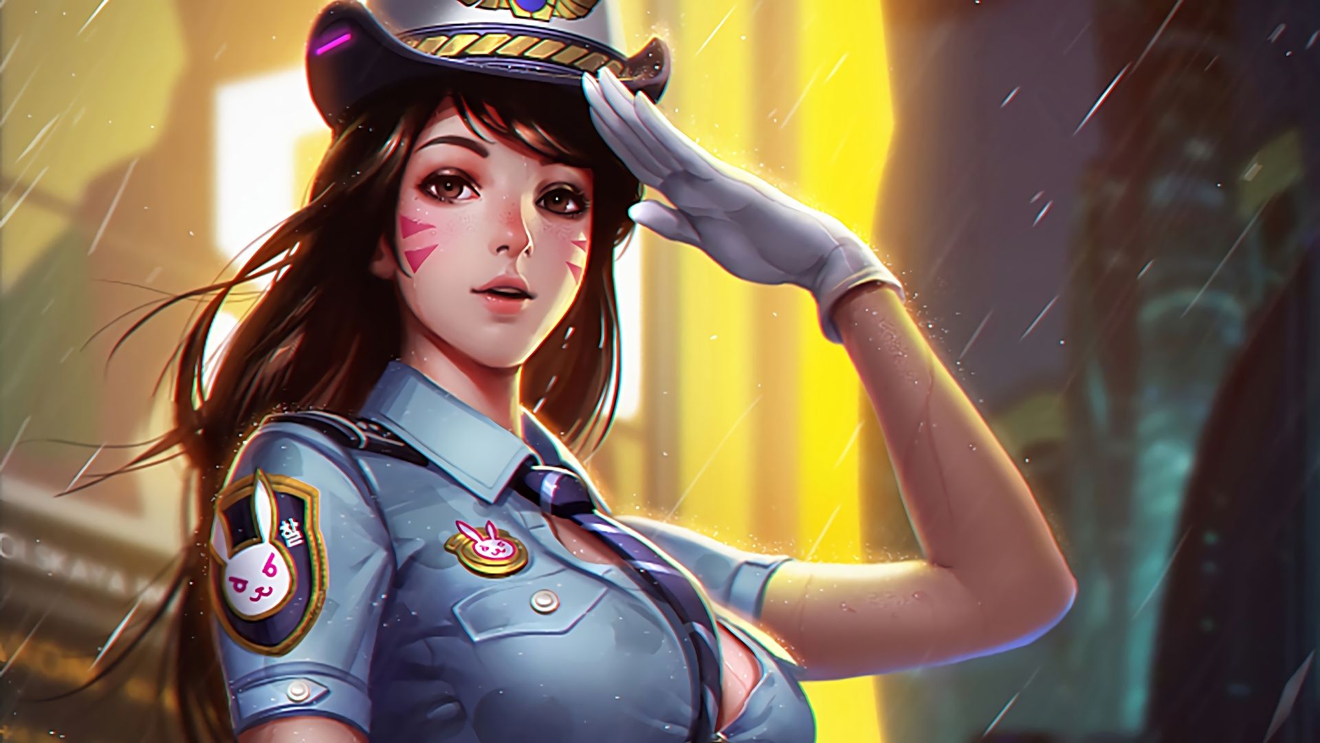 Desktop Wallpaper Hot D.Va, Overwatch, Game, Rain, Salute, HD Image, Picture, Background, Eadf70